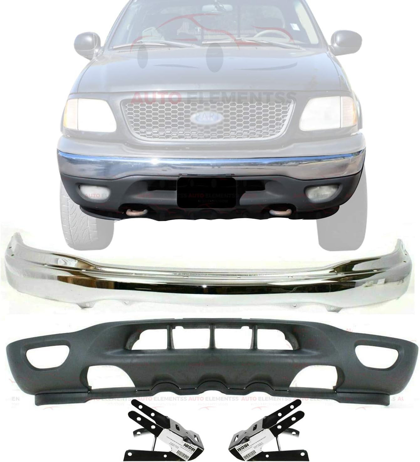 Front Bumper Chrome Steel + Lower Valance Panel + Mounting Brackets For 1999-2003 Ford F-150/1999-2002 Expedition Direct Replacement