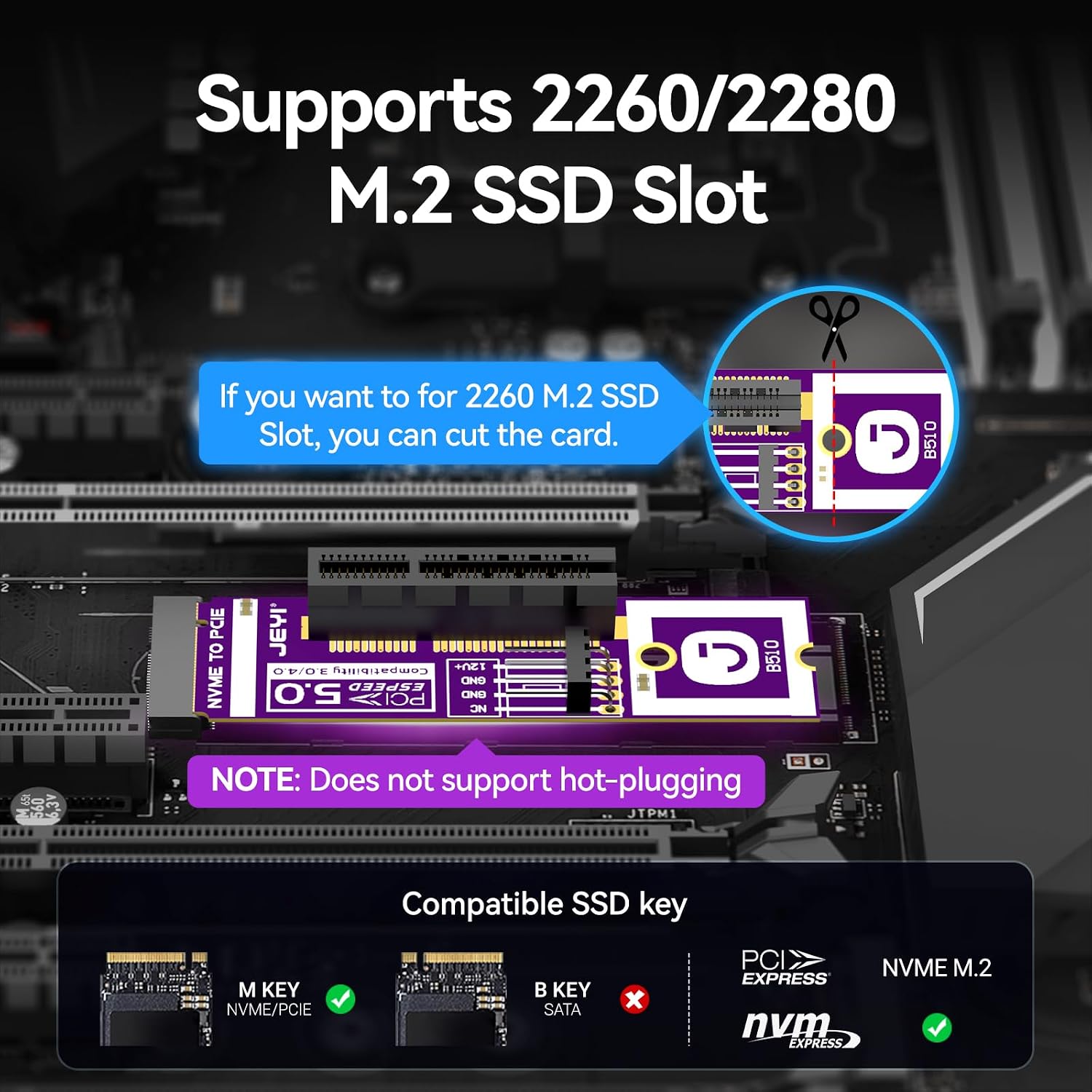 JEYI PCIe 5.0 x4 M.2 NVMe Adapter, 128Gbps Gen5 SSD Expansion Card, Supports M.2 2280/2260, Fits PCIe X4/X8/X16 Slots