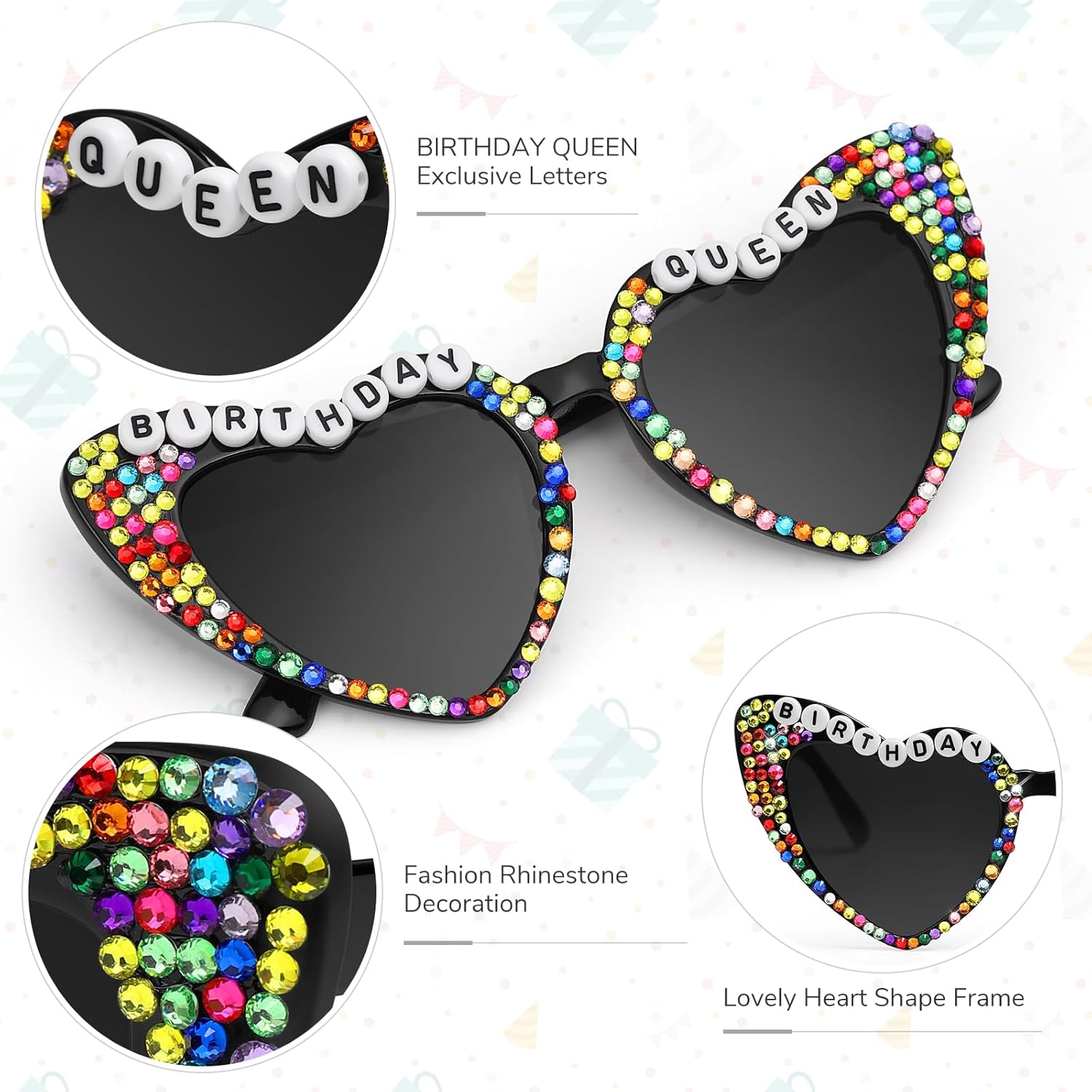 Etercycle Heart Shaped Sunglasses, Birthday Queen Black Heart Sun Glasses Birthday Gift, Colorful Diamond Love Glasses for Women Cute Birth Day Decorations - Image 3