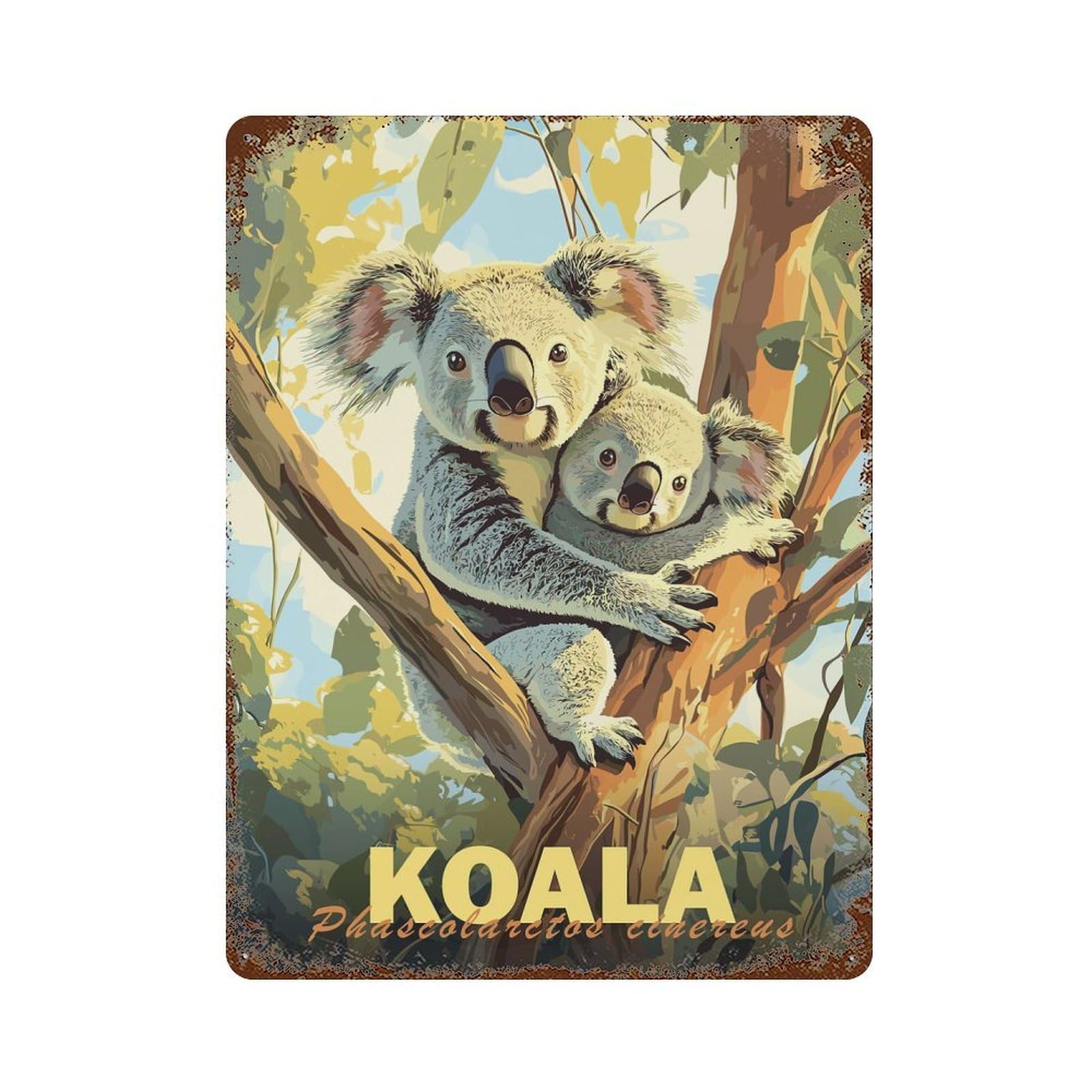 Koala Family Weathered Tin Sign 15.7"x11.8", Rustic Home Decor for Garage, Bar And Workshop Decor