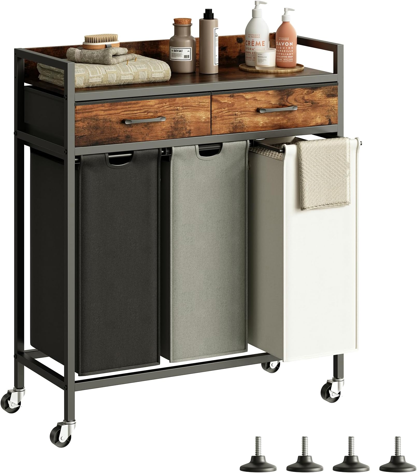 Laundry Sorter 3 Section Laundry Hamper with Shelf, Durable 3 Section Laundry Basket with Rolling Wheels & Storage Drawers, 3 x 13.26 Gallons (50L), Rustic Brown PF09XLN