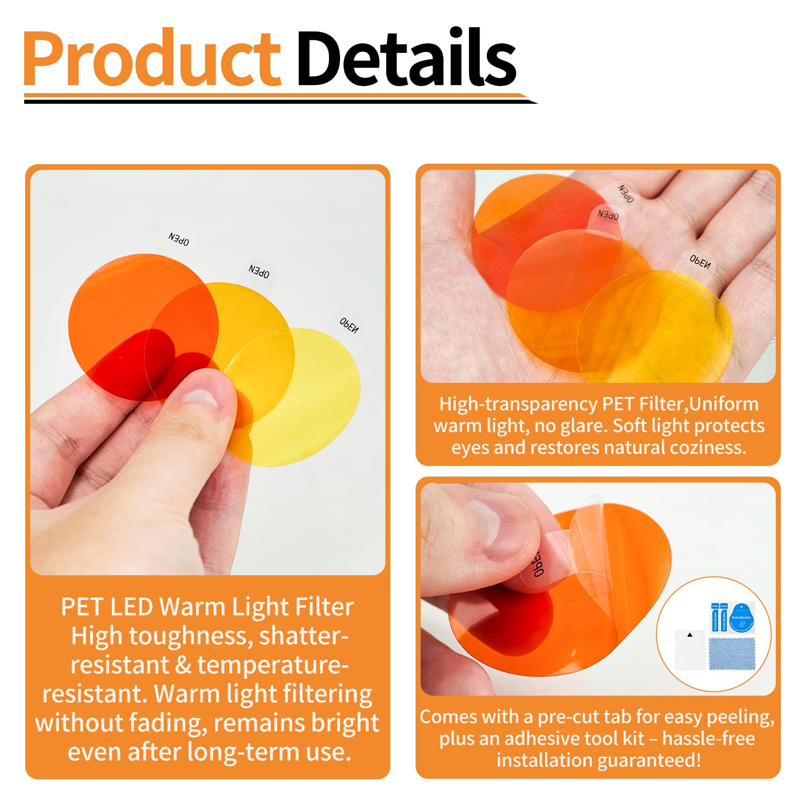 Folia do lamp, kolorowa folia do lamp LED, samoprzylepna – folia LED, ciepła biel, samoprzylepna, kolorowa folia filtrująca, żelowa folia kolorowa, Ø 4 cm, efekt świetlny, 3 filtry o ciepłej białej