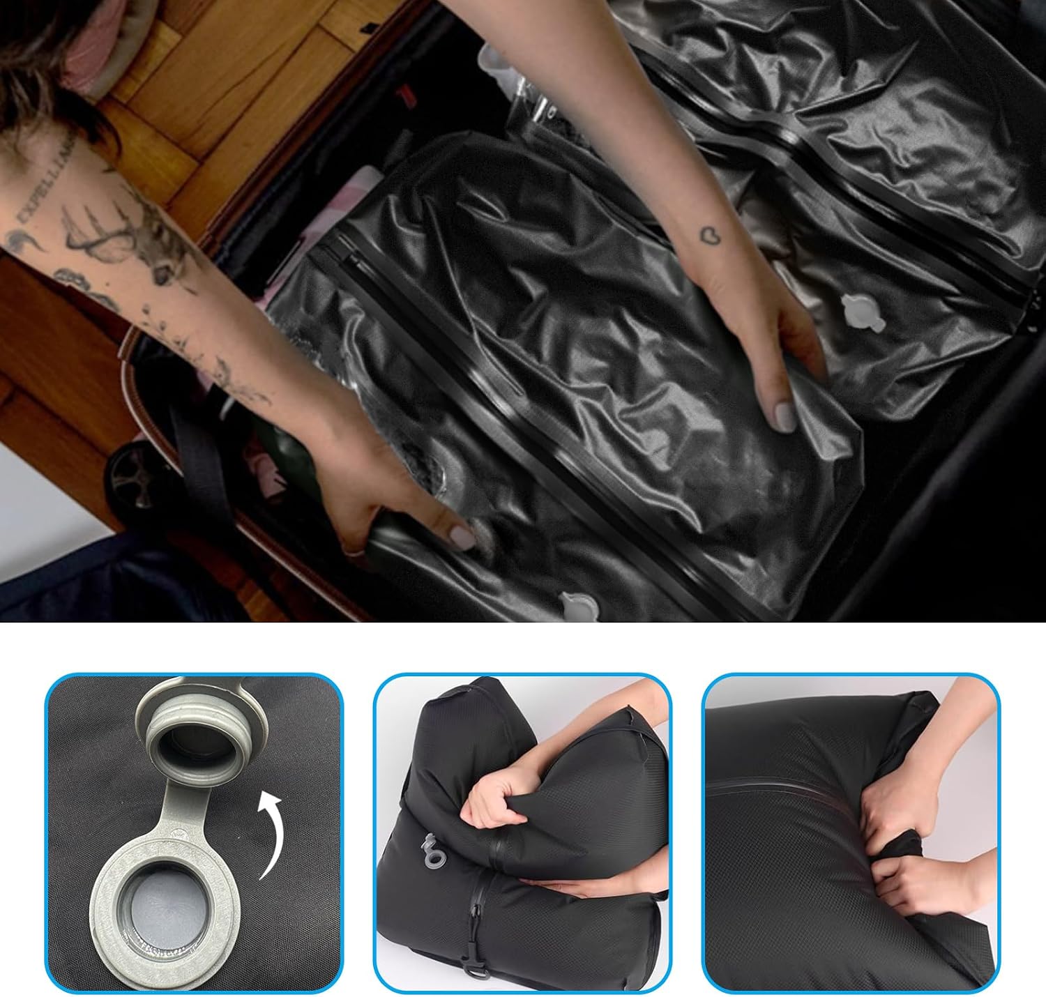 Vacuum Bags for Travel,Reusable Luggage Vacuum Bagsfor Travel (No Pump) with IP67 Waterproof Zipper for Save Space,Black