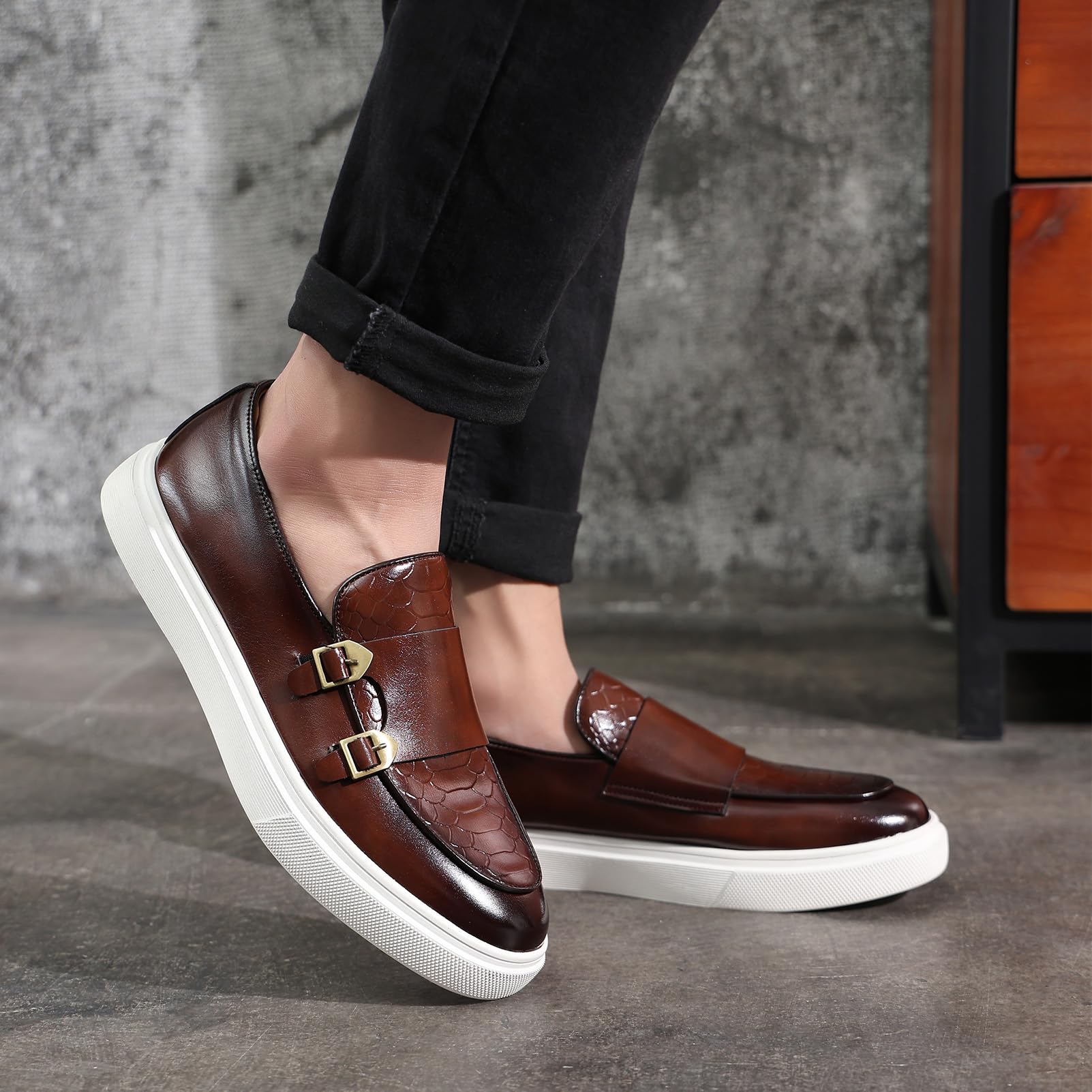 ANUFER Uomo Eleganti Doppio Monaco Fibbia Mocassini Casual Slip-On Piattaforma Scarpe da Ginnastica