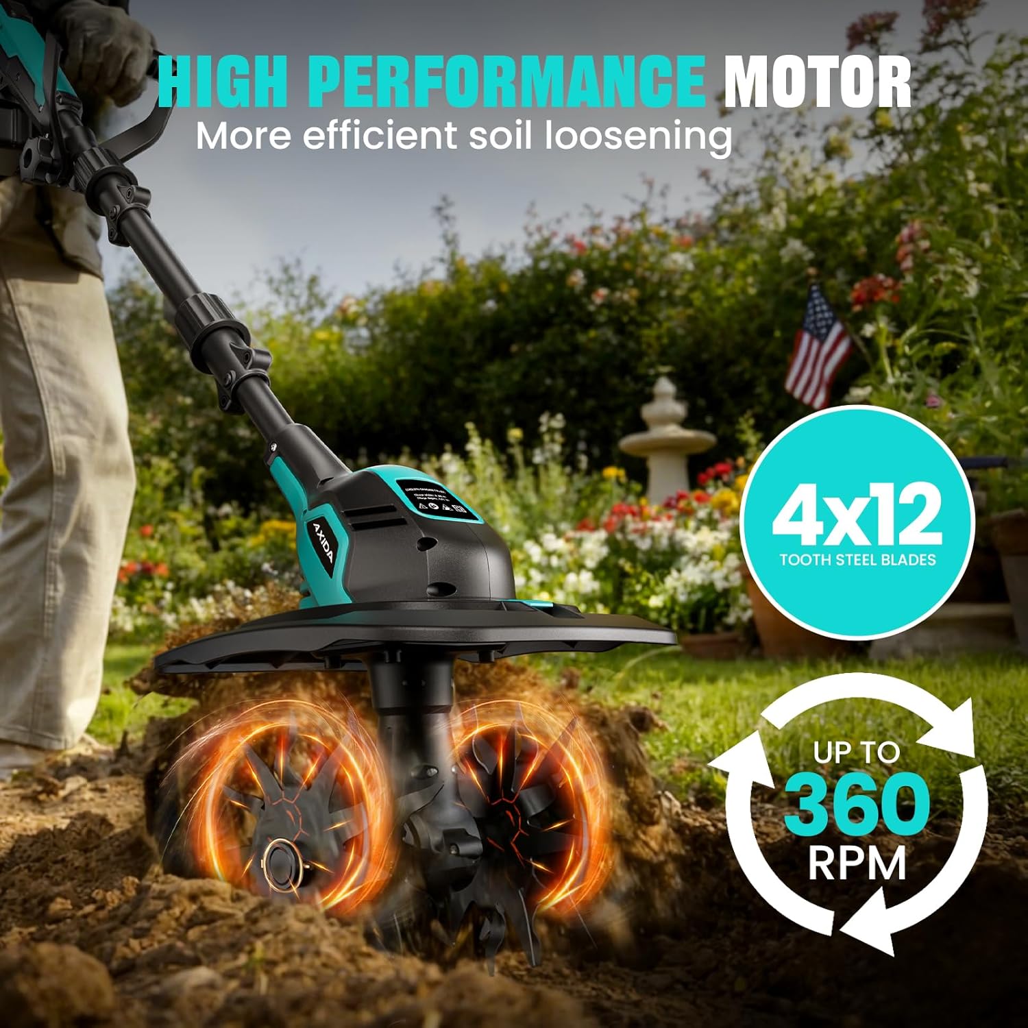 20V Cordless Garden Tiller Cultivator with 2 * 4.0Ah Batteries & Charger 360RPM Electric Tiller with 4 Steel Tines,9in Tilling Width＆6.6in Depth Garden Rototiller for Lawn/Gardening/Soil Cultivation