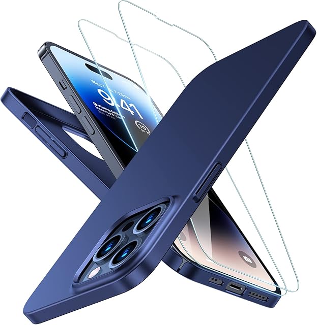 TORRAS Blue Ultra Thin iPhone 14 Pro Case and Screen Protector [Tough Protective at Thinnest Size] iPhone 14 Pro Phone Case Slim Hard Silky Matte Phone Case for iPhone 14 Pro Cover Blue (OriginFit)