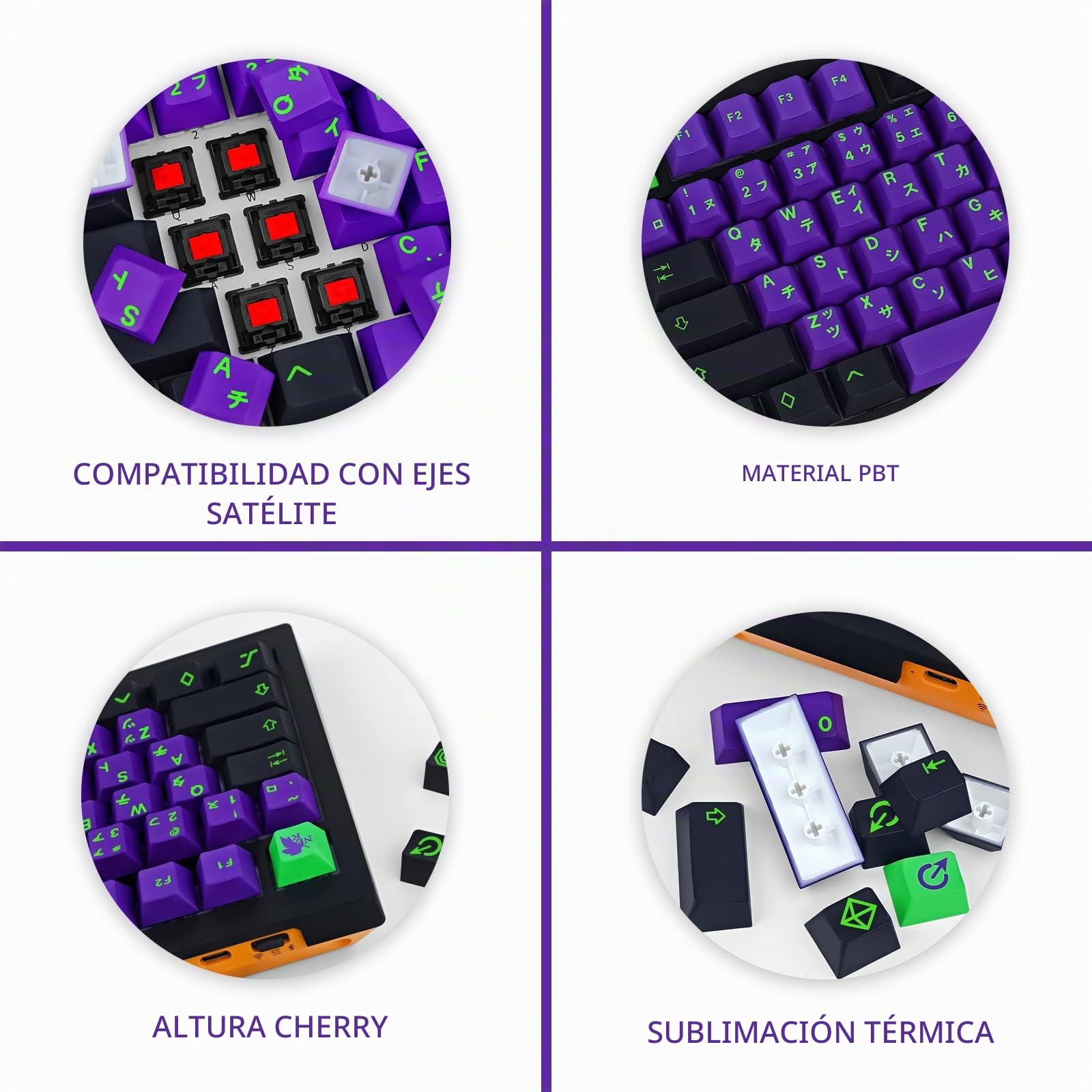 129 Teclas Dye Sub PBT Teclas para Teclado, Cherry Profile Morado y Verde Gaming Keycap para teclados (Teclas QWERTY con distribución Estadounidense)