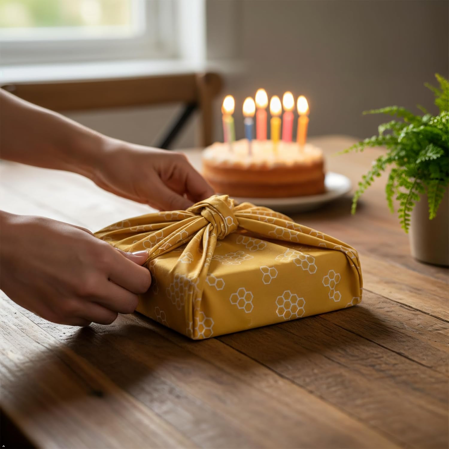 Bee's Wrap Furoshiki Reusable Cotton Fabric Wrapping Paper - Mustard Honeycomb Pack of 4 Gift Wraps - Reusable Wrapping Paper & Gift Wrap