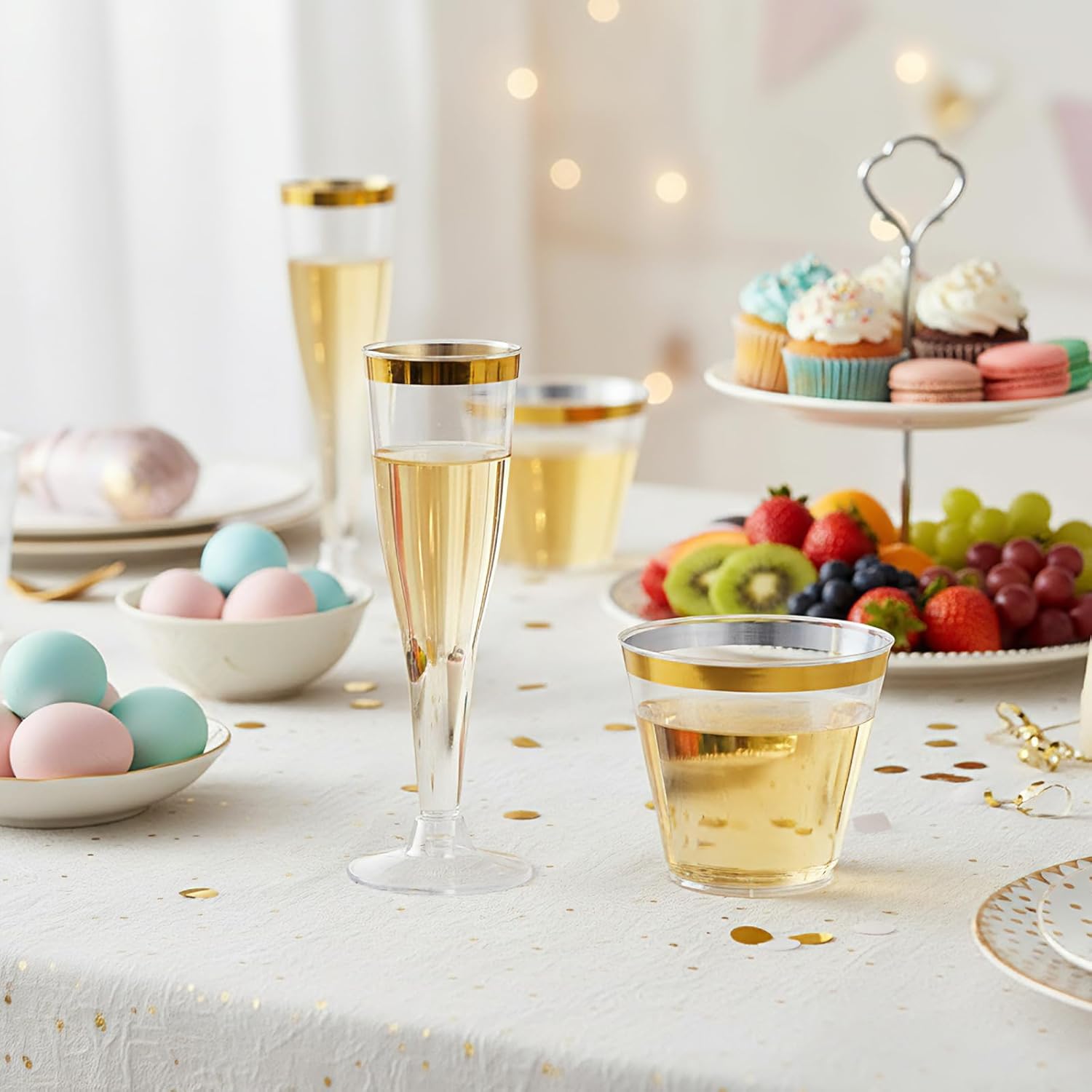160 Count Plastic Champagne Flutes and Cups Set, 60 Pcs 4.5 oz Gold Rim Disposable Champagne Flutes 100 Pcs 9 oz Gold Rimmed Disposable Glasses for Wedding Baby Shower Birthday (Stylish) - Image 3