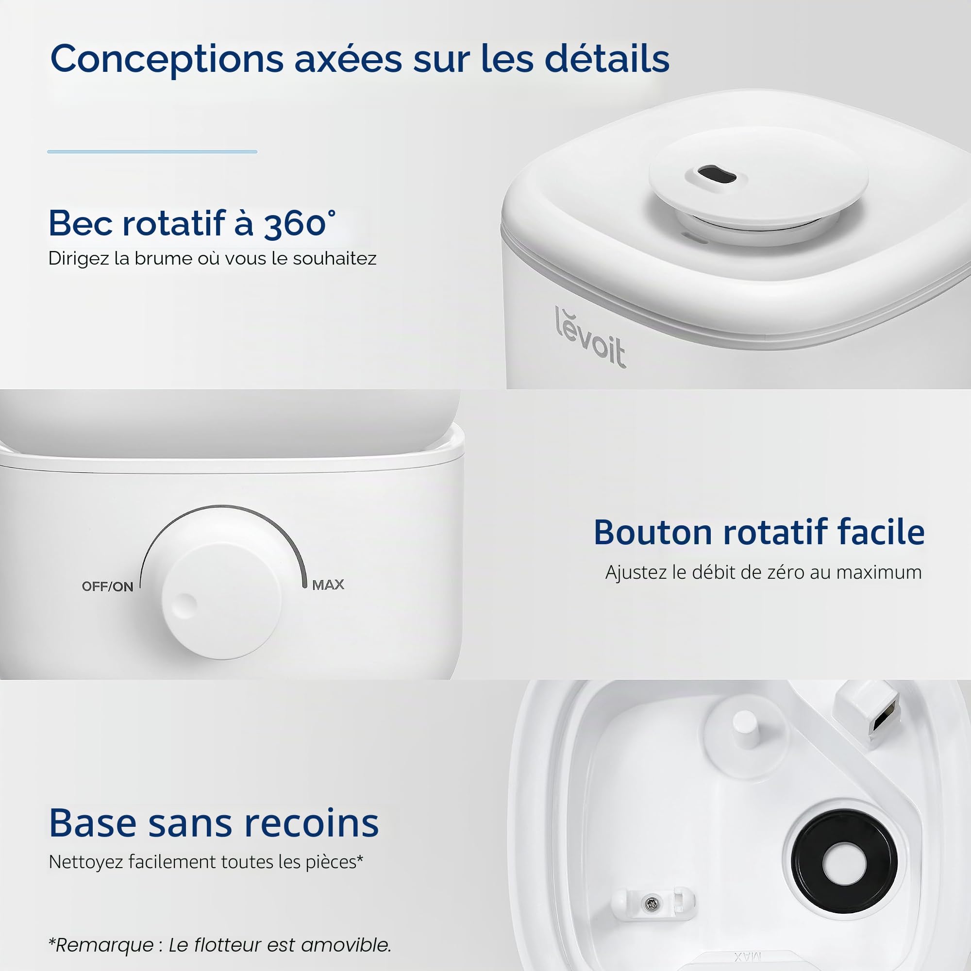 LEVOIT Humidificateur de remplissage supérieur pour chambre à coucher, réservoir de 2,5 L pour grande pièce, facile à remplir et à nettoyer, humidificateur d'air silencieux de 26 dB pour maison, bébé,