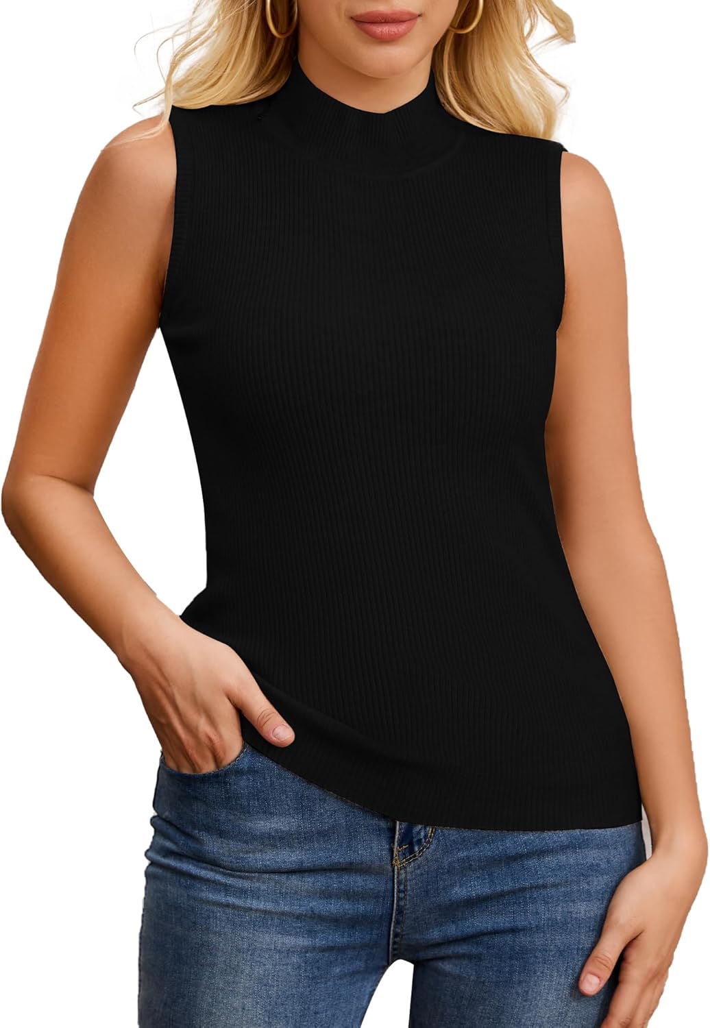 Women's Sleeveless Mock Neck Turtleneck Sweater Tops Ribbed Knit Vest Trendy Casual Slim Fitted Tank Tops - Image 3