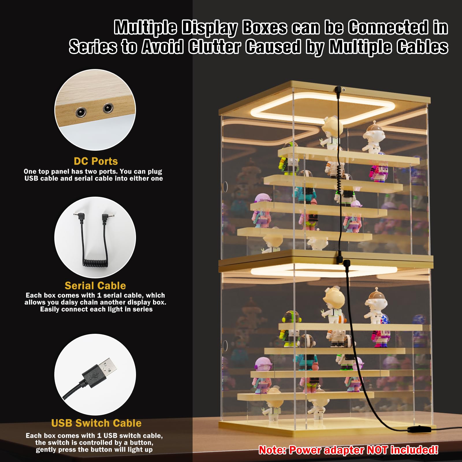 Nynelly Vitrine pour Collection avec Éclairage LED, 4 Niveaux Vitrine Acrylique Rangement avec Porte et Marches, Anti-Poussière Transparente Plexiglas Boite Presentoir pour Funko Pop, Figurine, Noir