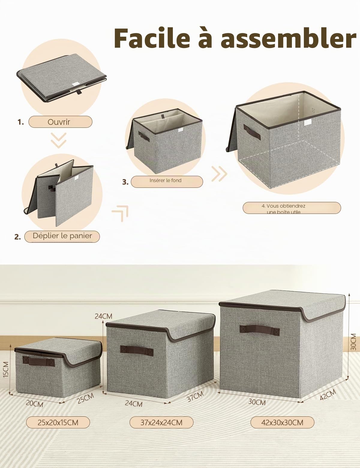 Bagnizer Lot de 3 grandes boîtes de rangement pliables en tissu avec couvercles et poignées pour vêtements, jouets, armoire, chambre à coucher, bureau, blanc et beige, 42 x 30 x 30 cm