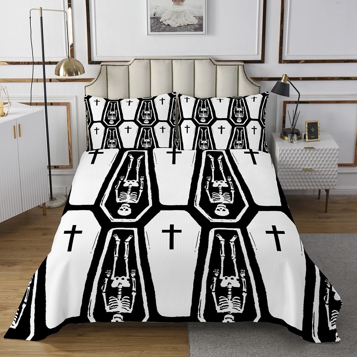 Erosebridal Skull Bedspread Halloween Gothic Quilt, Coffin Church Skeleton Coverlet Set Black White Bedspread, Living Room Dorm Decorative, Cozy Soft Stylish King