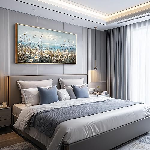 Miniatura 4 de PHAOHUAXM Decoración de pared para sala de estar, arte de pared para dormitorio, decoración de oficina, pinturas de océano azul, flores, acuarela,