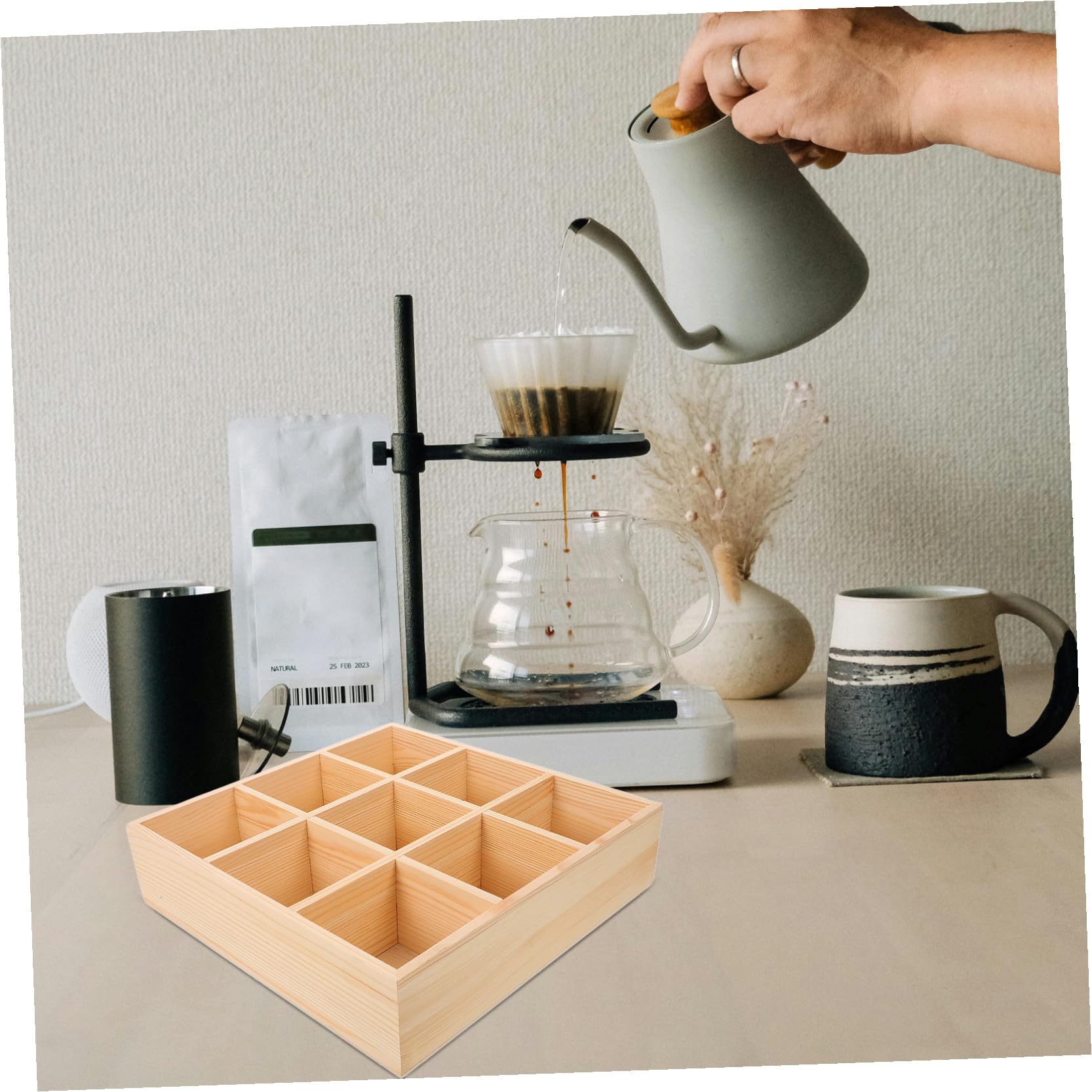 Alipis Organisateur en Bois Beige pour Sachets de Thé et Petits Accessoires, Boîte de Rangement Légère Compartiments, Cuisine et Îlot Cuisine