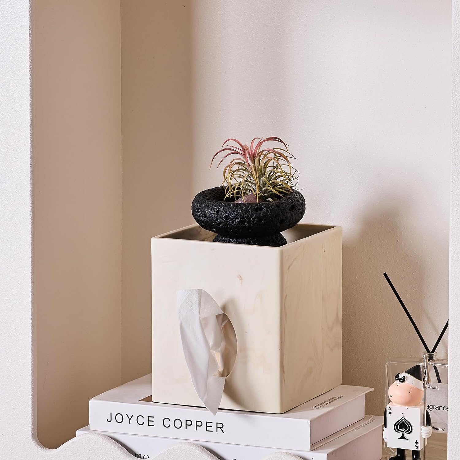 Beige Natural Marble Stone Textures Square Tissue Box Cover with Storage Tray, 2-in-1 Tissue Holder Decorative Organizer for Bathroom, Vanity, Kitchen Countertop, Bedroom Night Stands, Office Desk Top