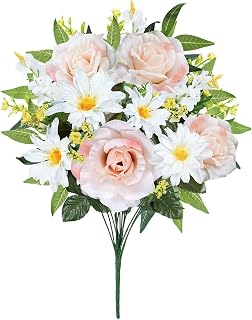 16.1" Cemetery Flowers for Grave Vase Champagne Artificial Flower Bouquets Mixed Rose Daisy Flowers Artificial Silk Floral Arrangements for Wedding Bouquet Home Table Centerpieces Cemetery decoration