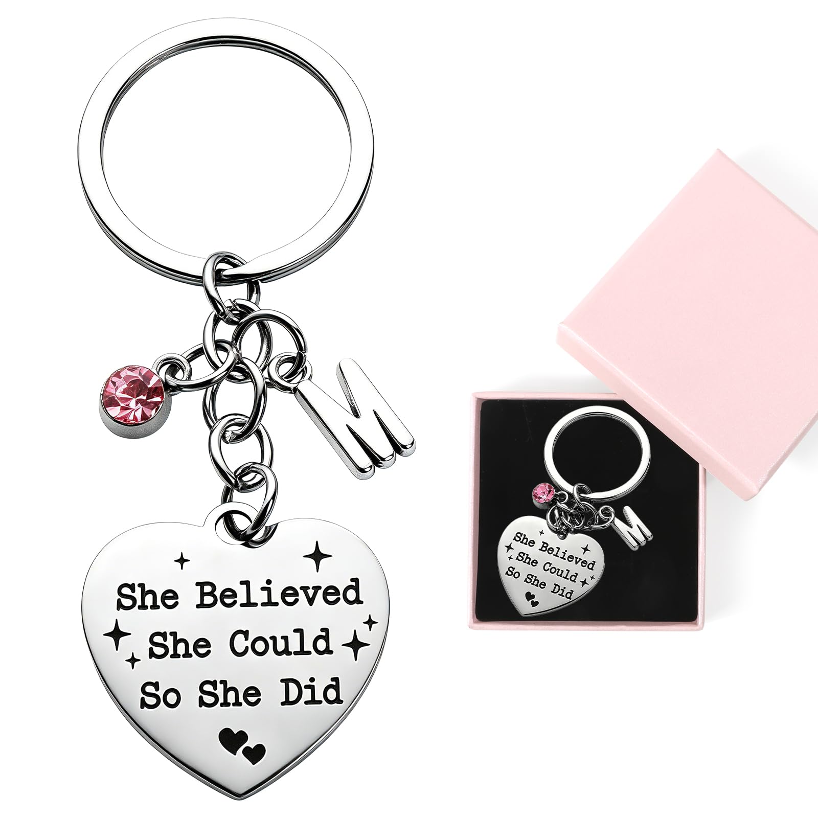 Doorio Women's M Inspirational Keyring, She Believed She Could So She Did Keychain With Box Initial Congratulations Keyring Gift Graduation New Job Passed Driving Test Gift For Girls (M)
