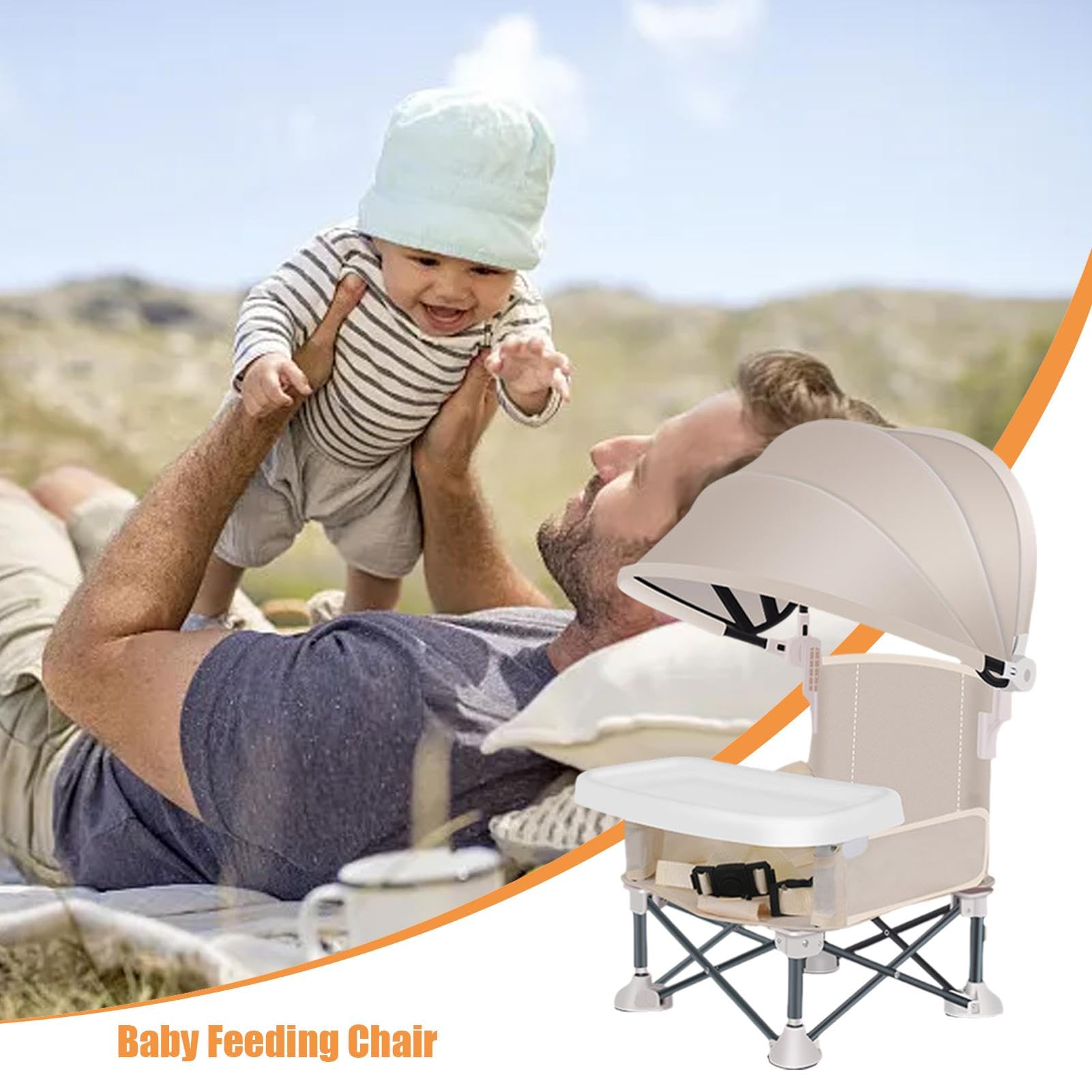 Trona Para Bebé Plegable Con Asiento Elevador, Silla Portátil de Playa Con Bandeja Extraíble y Sombrilla Para Alimentación y Viaje