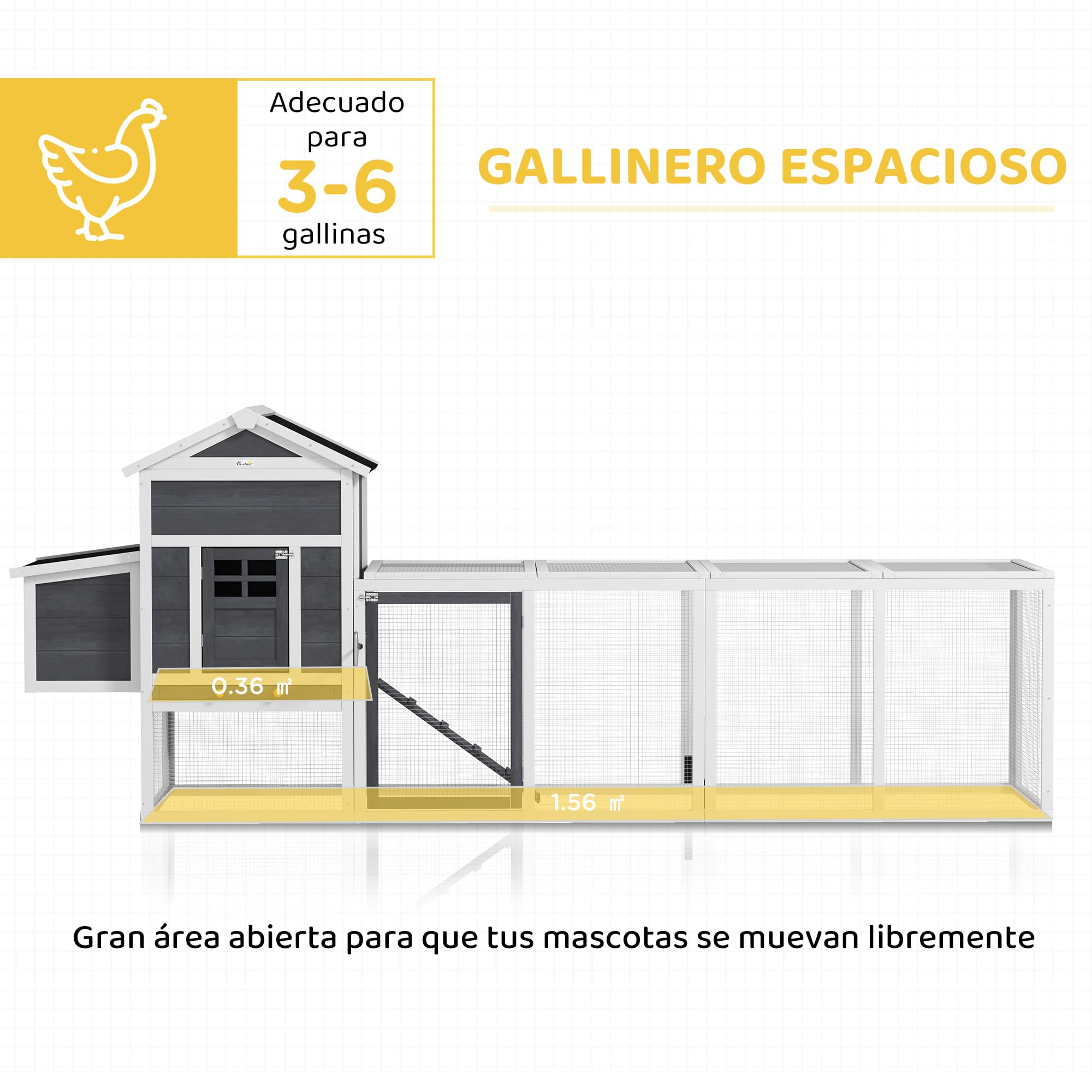 PawHut Gallinero Exterior Madera Grande 297,5x68x118 cm para 3-6 Gallinas con Nido Corral Bandeja Extraíble Techo Asfáltico Gris Blanco