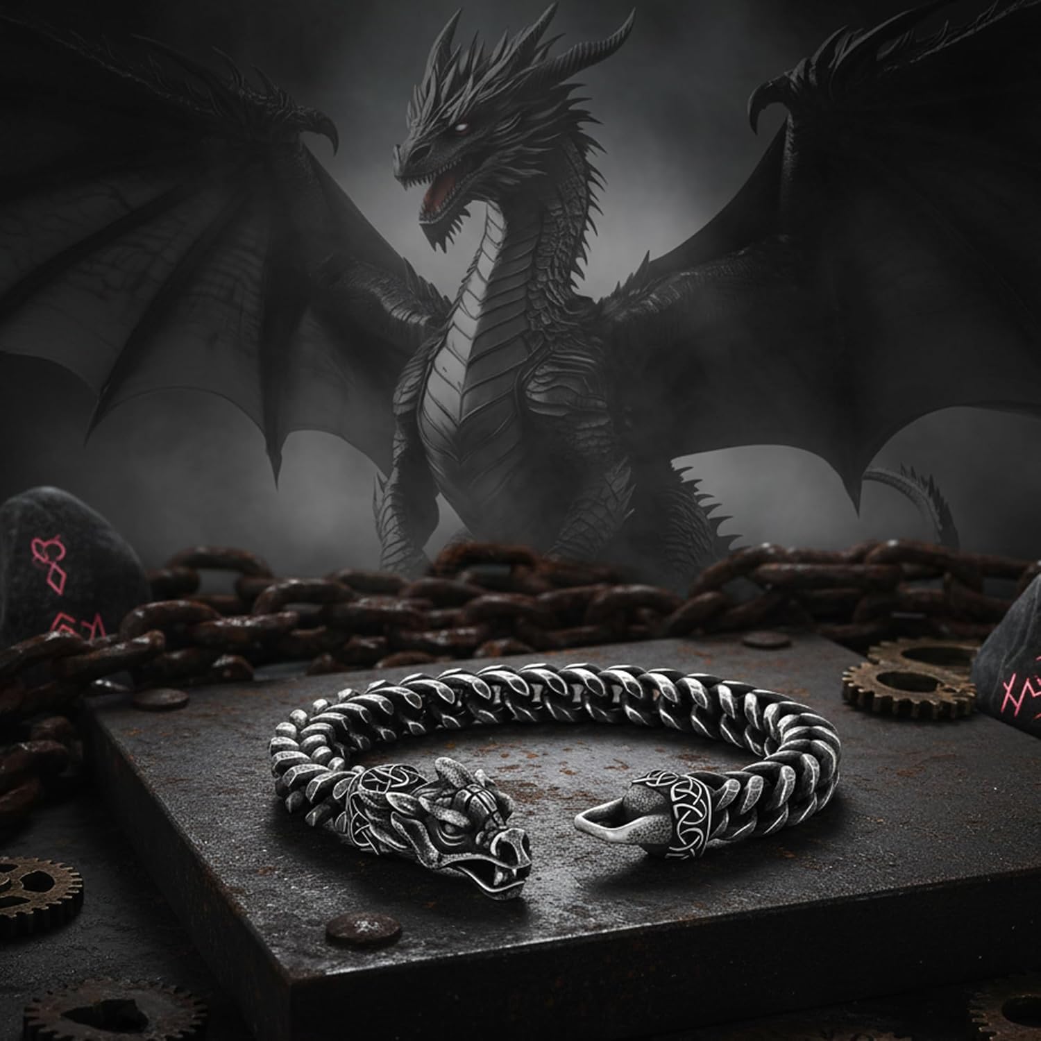 Viking Dragon Bracelet for Men, 316L Stainless Steel Cuban Link Chain 10mm Width, 8 Inch Length, Vintage Silver/Black/Steel/Gold, Punk Norse Jewelry Gifts for Him Husband - Image 6