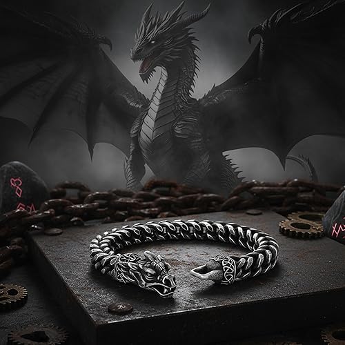 Miniatura 6 de Pulsera de dragón vikingo para hombre, cadena de eslabones cubanos de acero inoxidable 316L, 0.39 pulgadas de ancho, 8 pulgadas de largo, plata