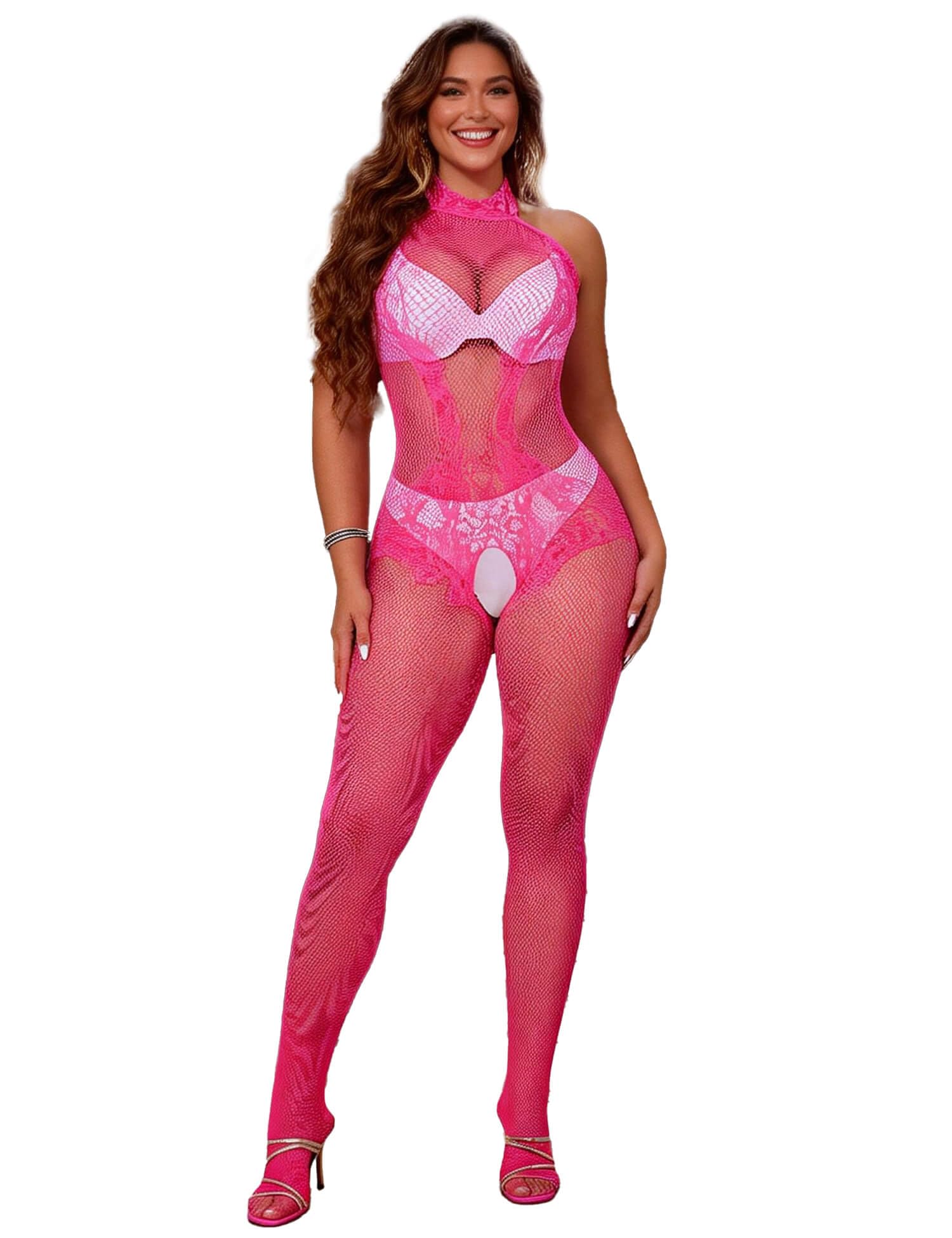 comeondear Bodystocking Ouvert für Damen Große Größen Catsuit Dessous Sexy Unterwäsche für Frau Erotisch Fishnet Stockings Bodysuit Women Lingerie Strumpfhosen Offenem Schritt Reizwäsche(Rosa,L-XXL)