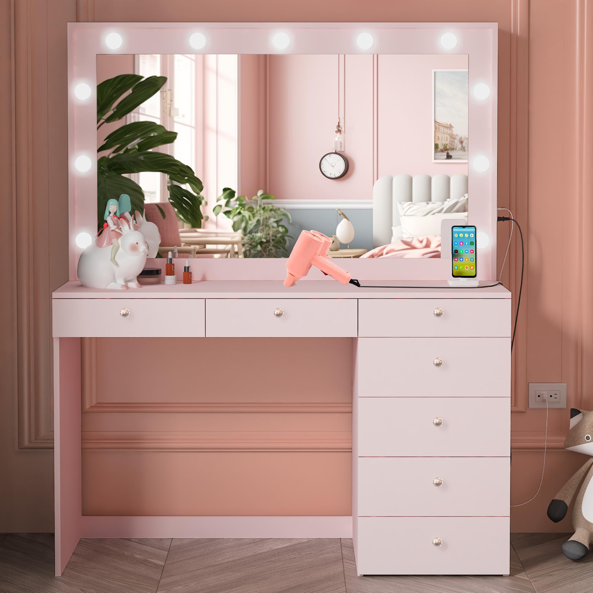 Boahaus Isolde Pink Makeup Vanity Desk with Lights, 7 Drawers, USB and Power Outlet, Large Top, Vanity Mirror with Lights, One Drawer with Jewelry Organizer, Rose Gold Crystal Ball Knobs