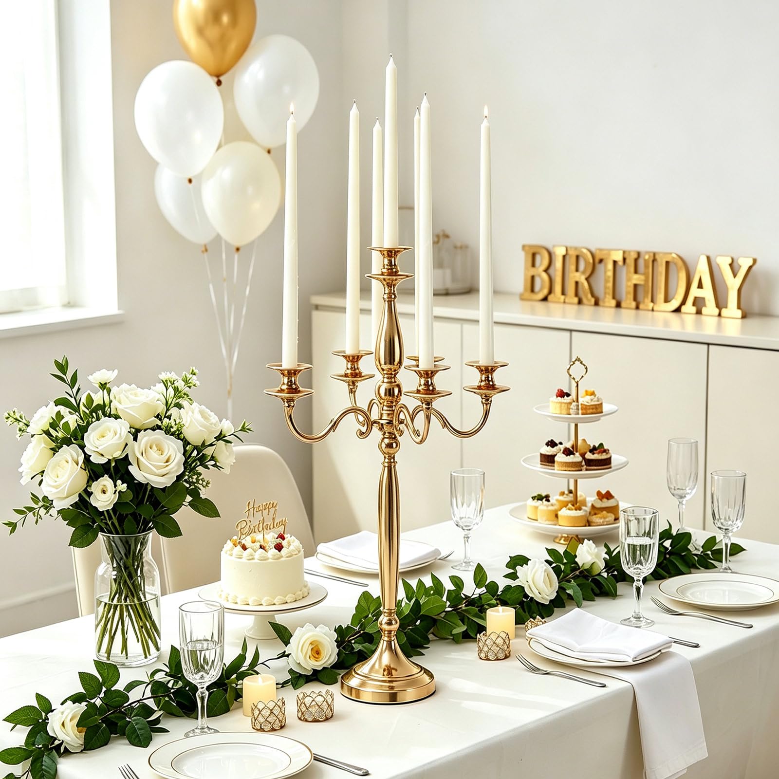 Vincidern Candelabro de 5 velas de oro de 29 pulgadas, Soporte Vela Moderno y Elegante – Boda, Cena Fiesta Halloween y Eventos Formales