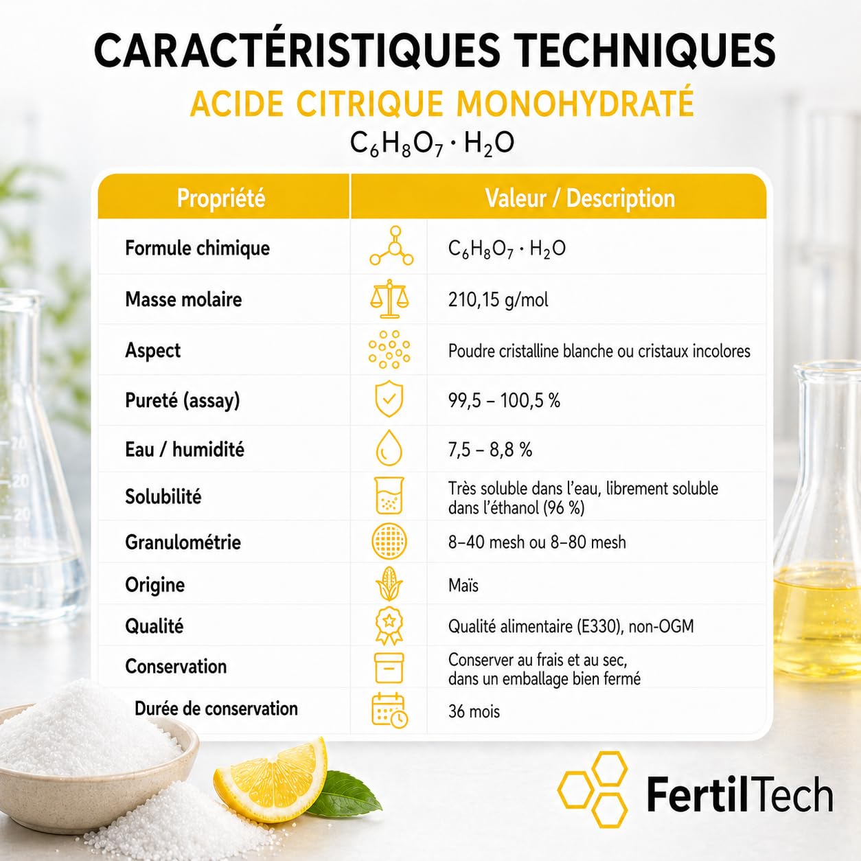 FertilTech Acide Citrique Monohydraté 1.5 kg E330 Qualité Alimentaire 100% Pur Pour Usages Alimentaires Cuisine et Pâtisserie Convient Aussi au Nettoyage Naturel Vegan