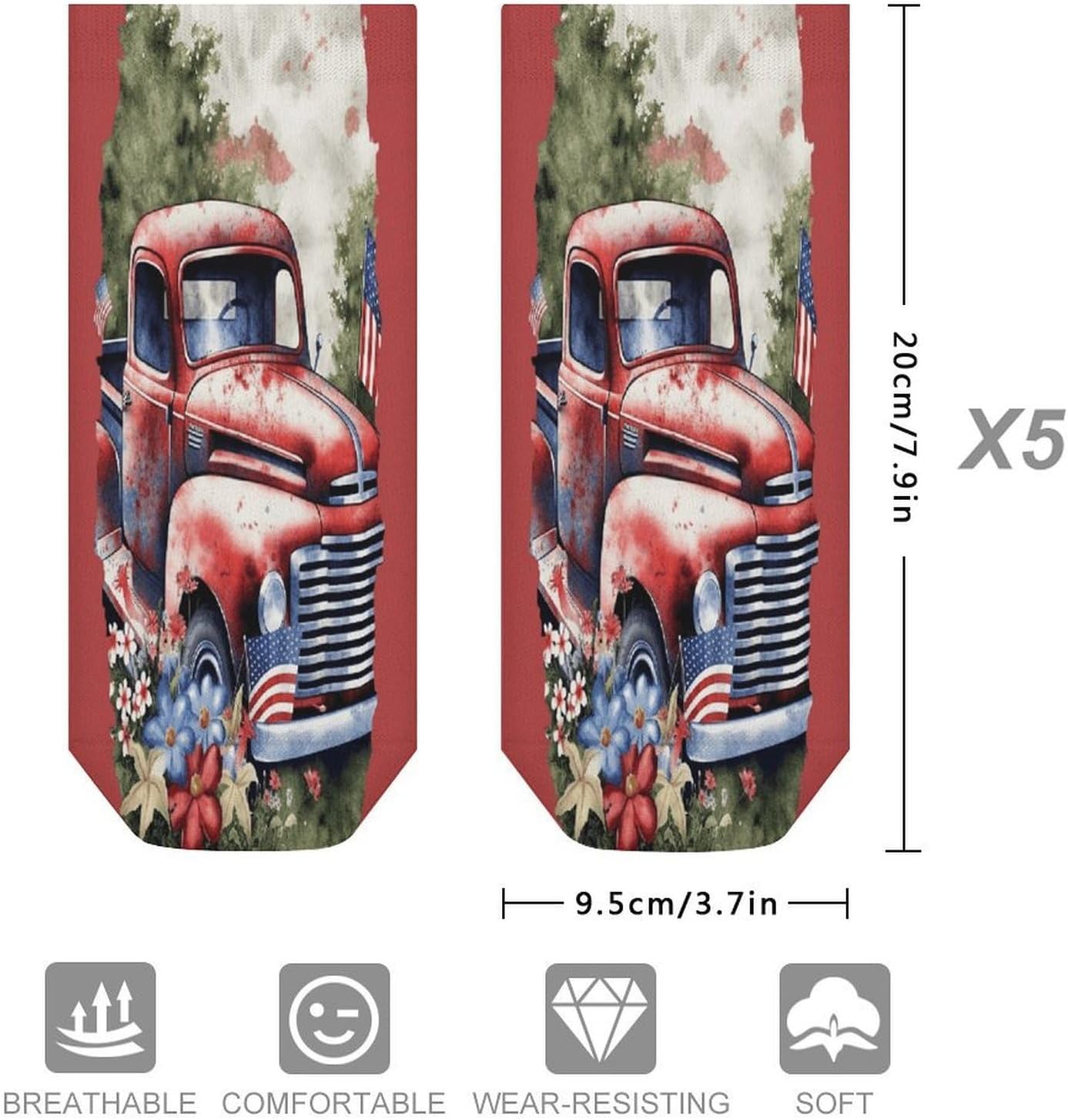 Socks for Men Women 5 Pairs Short Ankle Socks | 4th Of July Patriotic Old Red Truck Low Cut Casual Crew Sock Cute Breathable Athletic Socks Non Slip No Show Sock