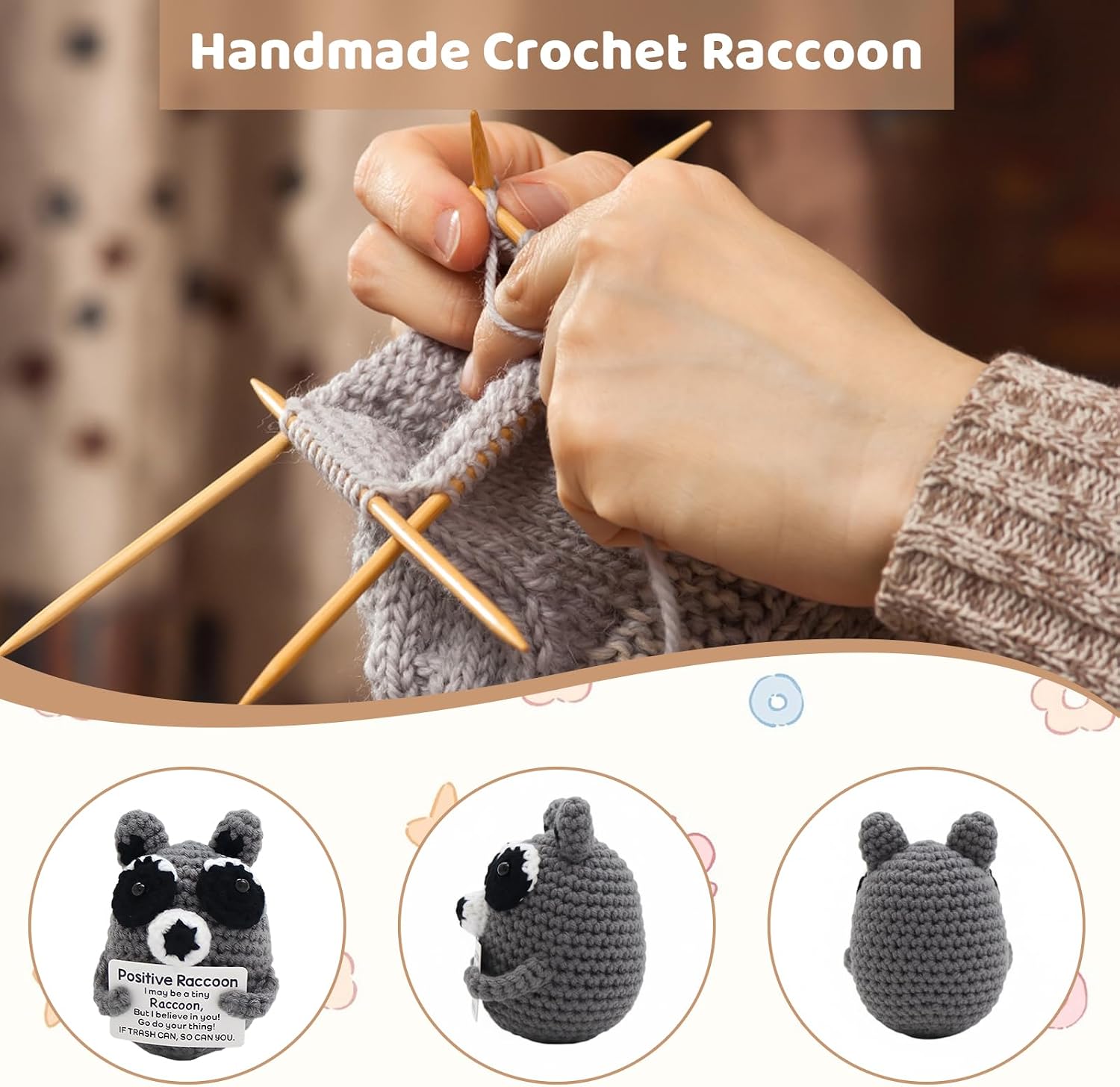 2PCS Raccoon Gifts Set, Crochet Animal Decor with Crochet Animals with Positive Messages, Handmade Trash Panda Figurines, Acrylic Raccoon Ornament for Home Decoration and Collectibles