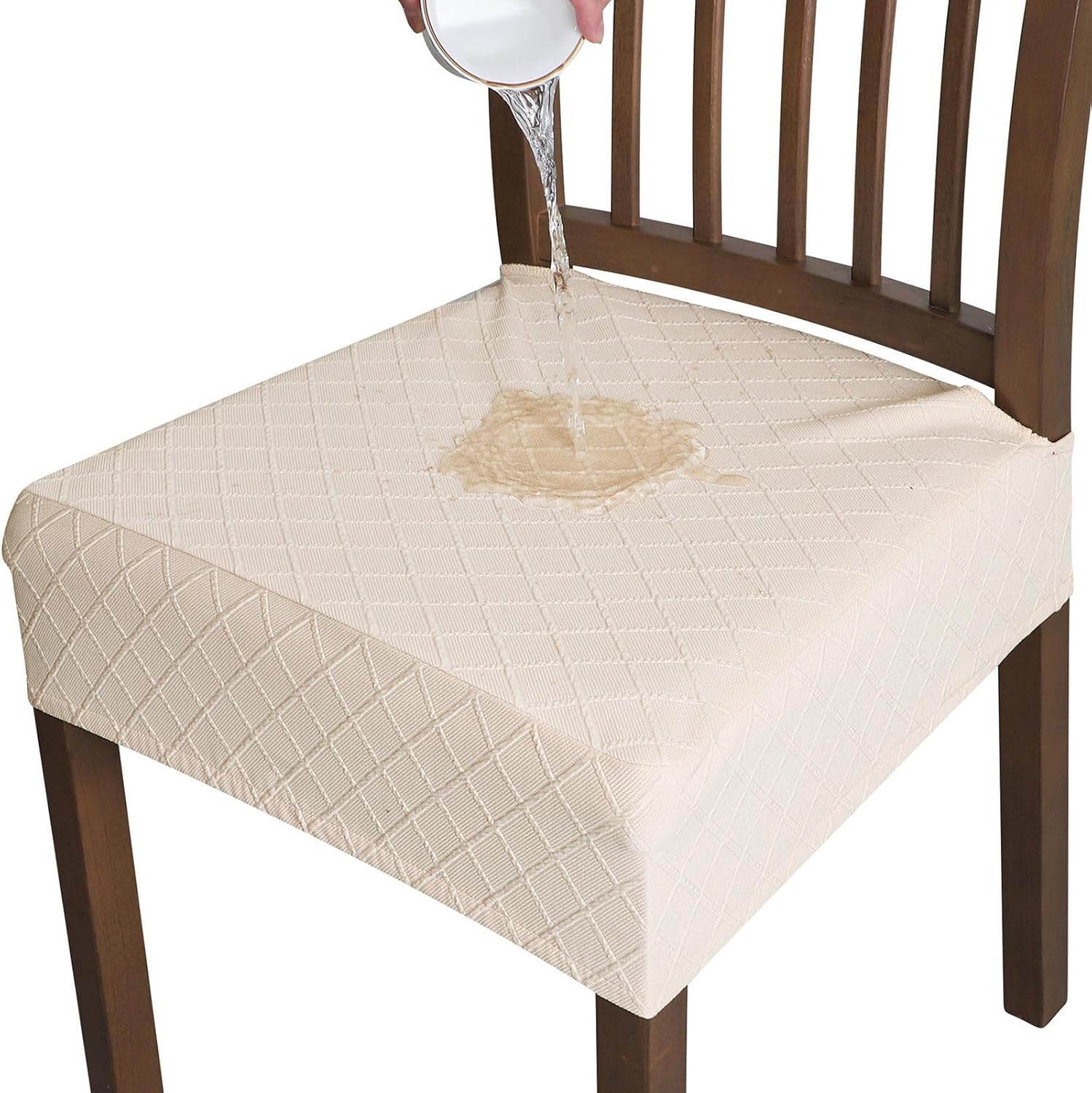 Waterproof Chair Seat Covers Set of 2, Stretch Seat Covers for Dining Room Chair Soft Removable Dining Chair Seat Covers Washable Dining Chair Covers for Decoration-Beige C-2 Piece