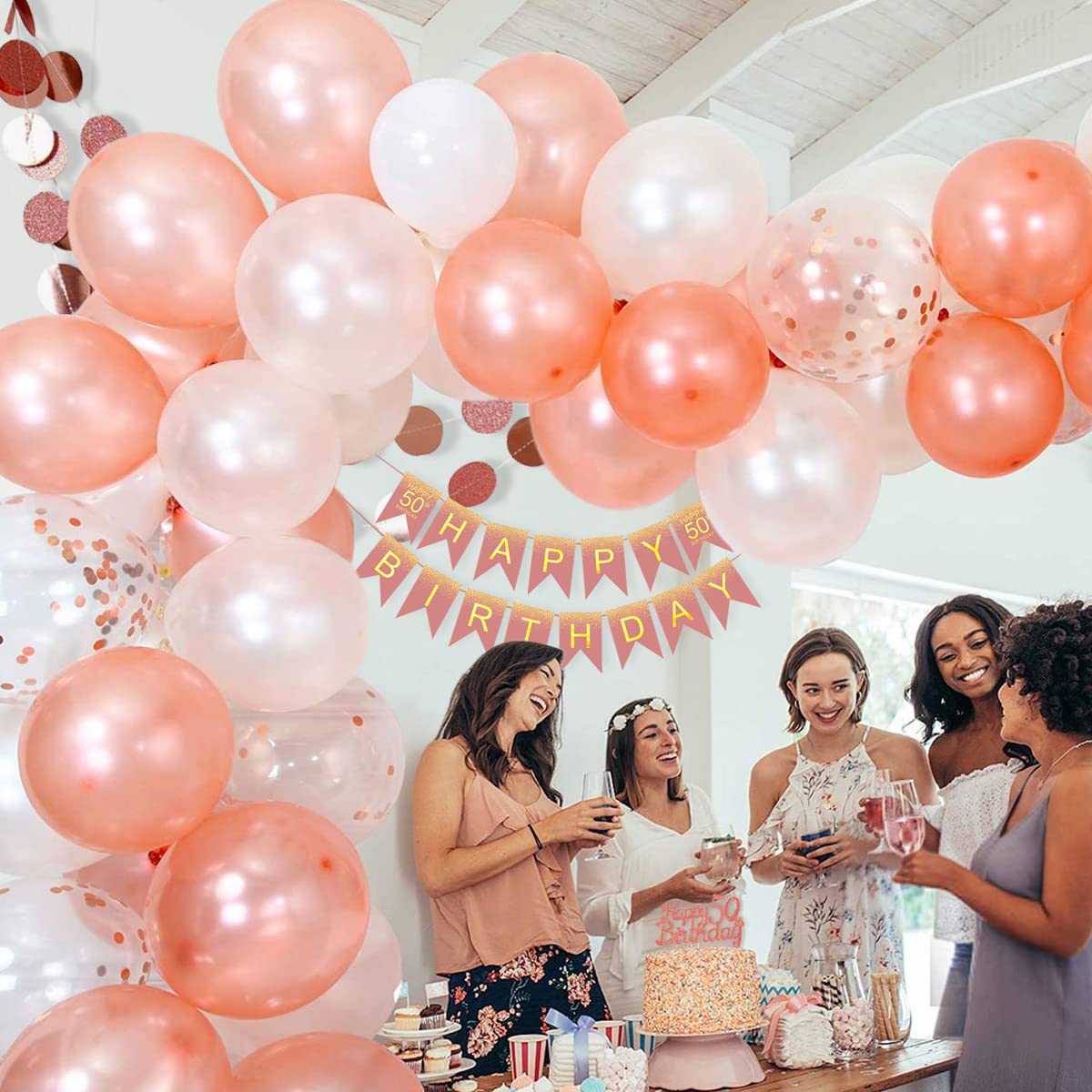 50e verjaardagsdecoraties voor vrouwen - roségoudkleurige ballonnen voor 50e verjaardag voor vrouwen, inclusief roségouden ballonnen, confettiballon