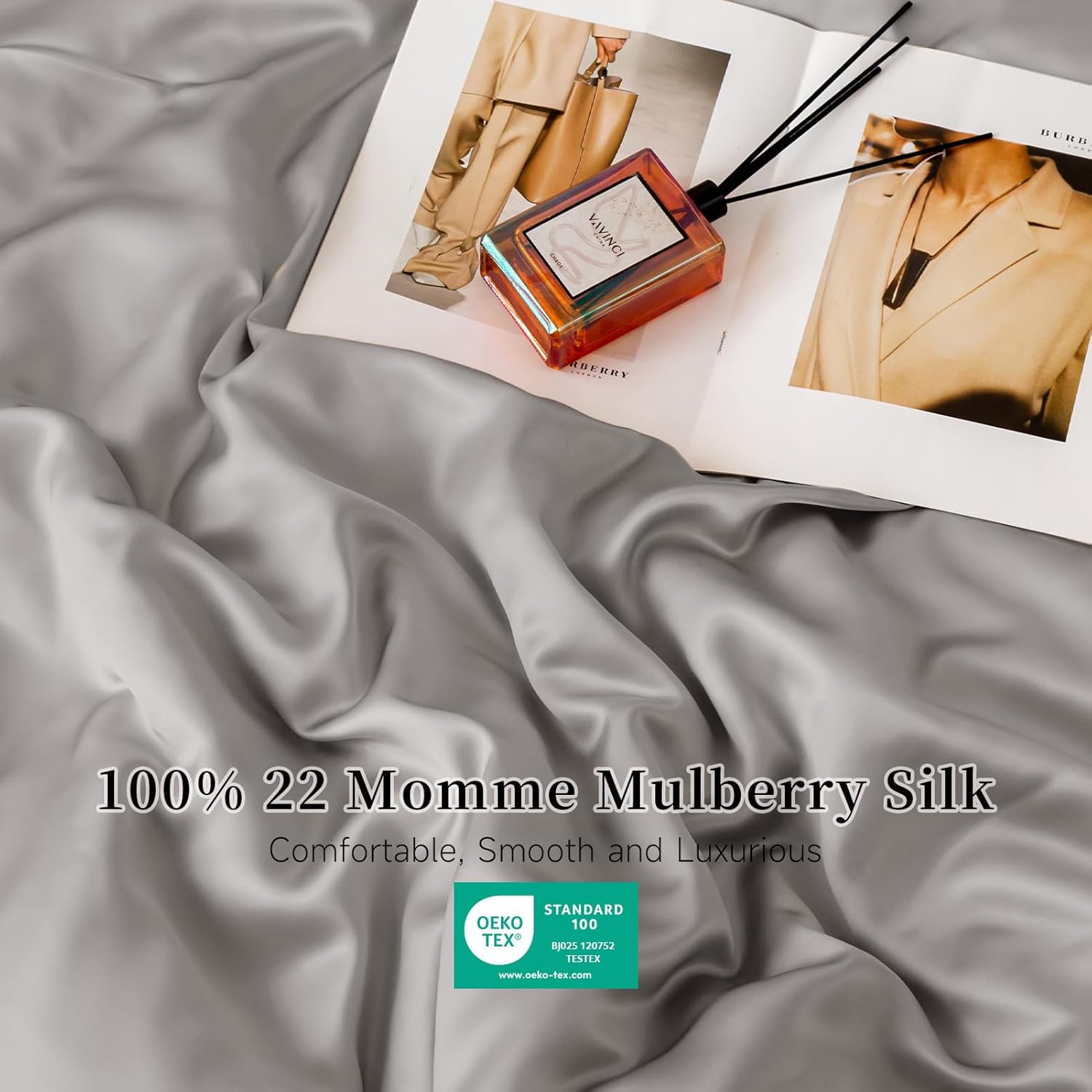 THXSILK 22 Momme 1 Pcs Silk Flat Sheet, 100% Top Grade Pure Mulberry Silk Bed Sheet Breathable Cooling Ultra Soft Bedding Durable (Queen, Grey)