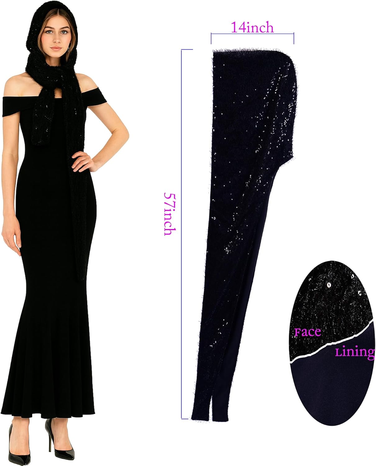 3-in-1 Hooded Scarf, Sequined Knit Winter Hood with Fleece Lining, One Size, Black - Image 7