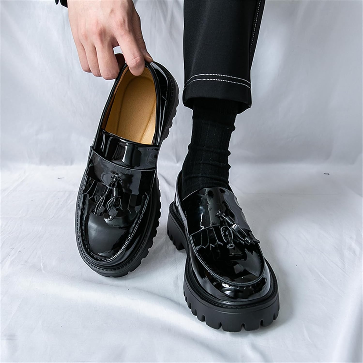 Mens Patent Leather Slip-On Tassel Dress Platform Loafers Casual Lightweight Penny Formal Business Party Wedding Prom Round Toe Moccasins Shoes
