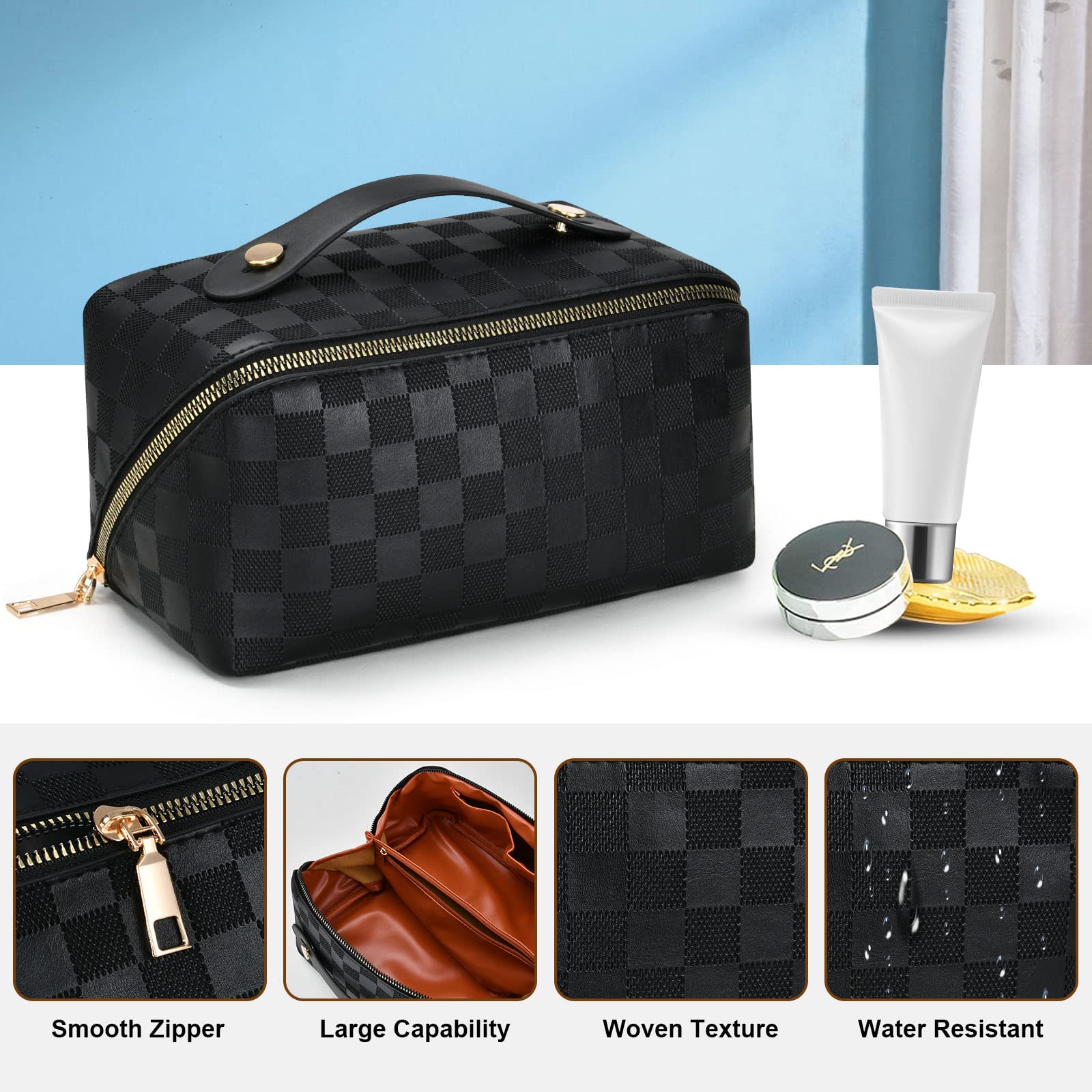 Aucuu Borsa Cosmetica da Viaggio, Beauty Case da Viaggio Donna, Borsa da Viaggio per Cosmetici, Borsa Cosmetica da Donna in Morbida Pelle PU, Borse da Toilette Impermeabile Portatile