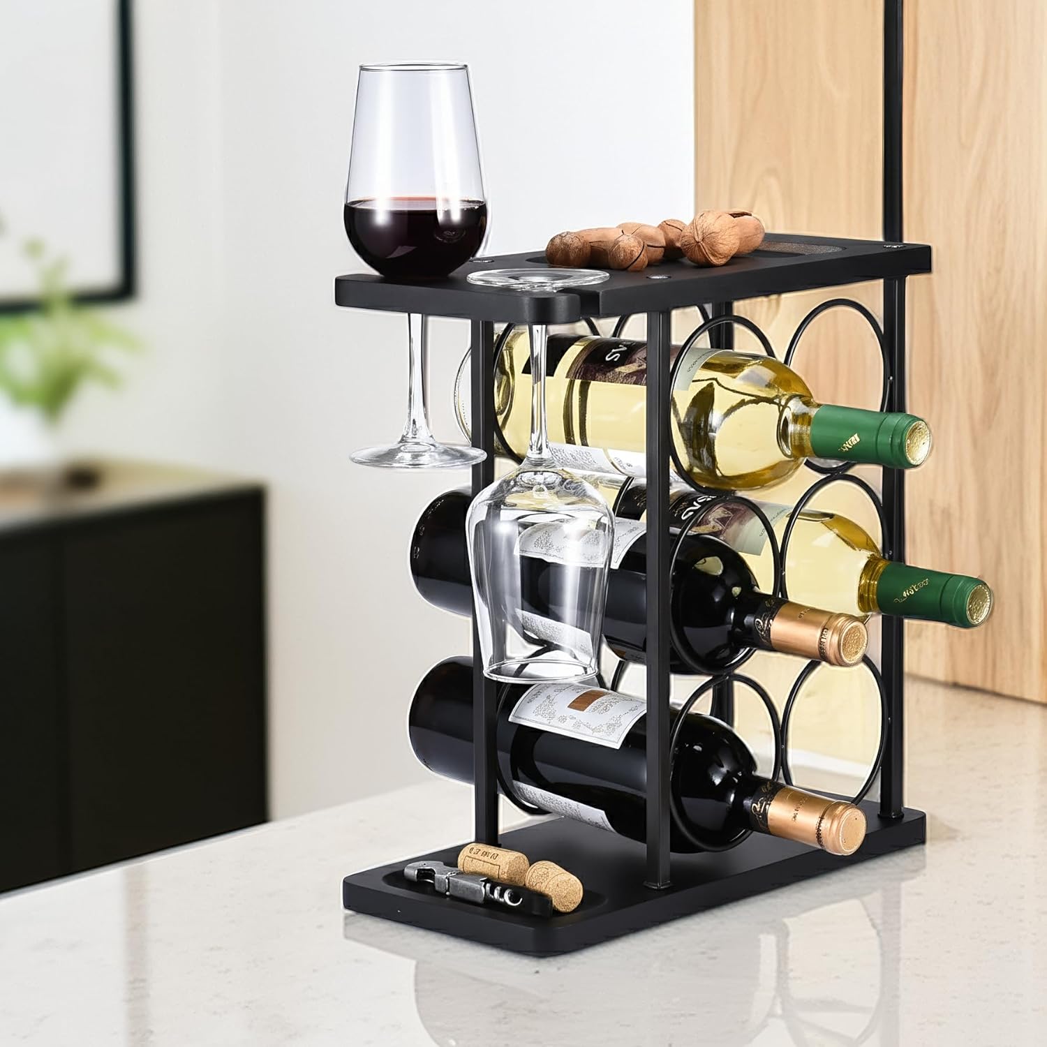 ALLCENER Modern Wine Rack Countertop, Matte Black 6 Bottle Wine Rack with Glass Holder, Metal Wine Holder Stand with Shelf & Corkscrew Tray for Home Bar & Kitchen