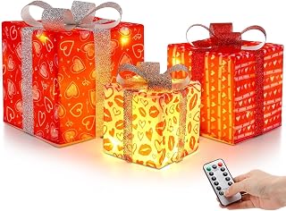Aurelema 3 Pack Valentines Lighted Gift Boxes 8 Mode Light up Valentines Day Decorations 10, 8, 6 inch with Remote Control, Battery Operated Holiday Decor for Indoor Outdoor Home Birthday Wedding