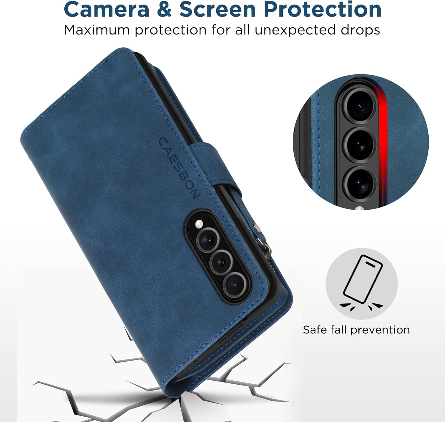 for Samsung Galaxy-Z-Fold-4 Wallet Case: with RFID Blocking Card Slots (6 Cards) & Hidden S Pen Holder | Soft PU Leather Magnetic Snap Zipper Wrist Strap Protective Phone Cover - Blue