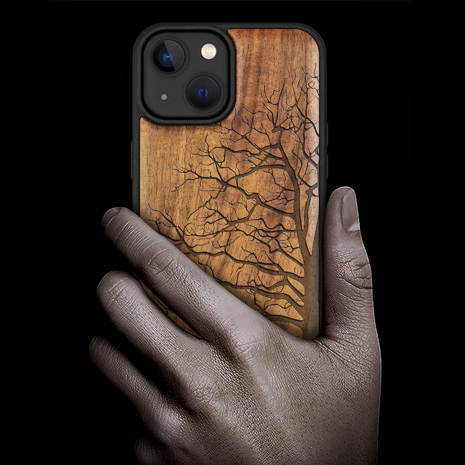 Carveit Magnetic Wooden Case for iPhone 15 Case, Compatible with MagSafe Wireless Chargers, Black Soft TPU Shockproof Cover & Wood Artisan Engraved (Eternal Tree) - Walnut
