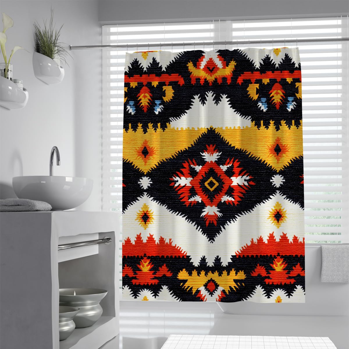 UERWOWELL Southwestern Style Shower Curtain Vibrant Eye Dazzler Geometric Pattern Fabric Bath Curtain Colorful Tribal Aztec Bathroom Decor Washable W100xL180 cm
