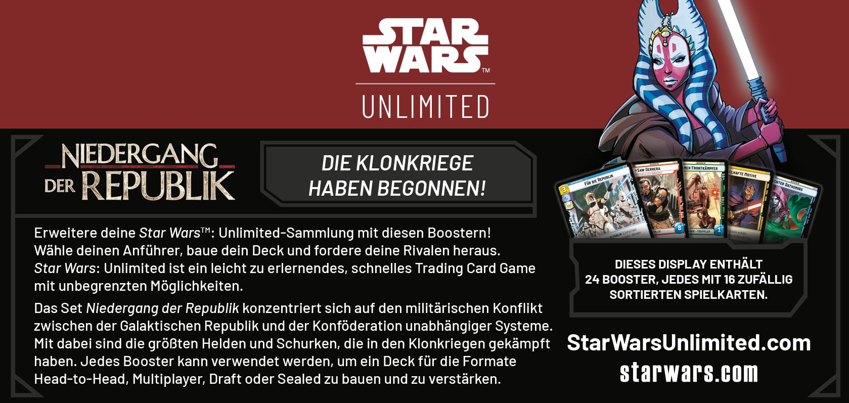 Fantasy Flight Games - Star Wars: Unlimited TCG Niedergang der Republik BOOSTER DISPLAY (24 Booster Packs) - Trading Card Game für Kinder und Erwachsene, Alter 12+, 2+ Spieler, 20 Minuten, Deutsch