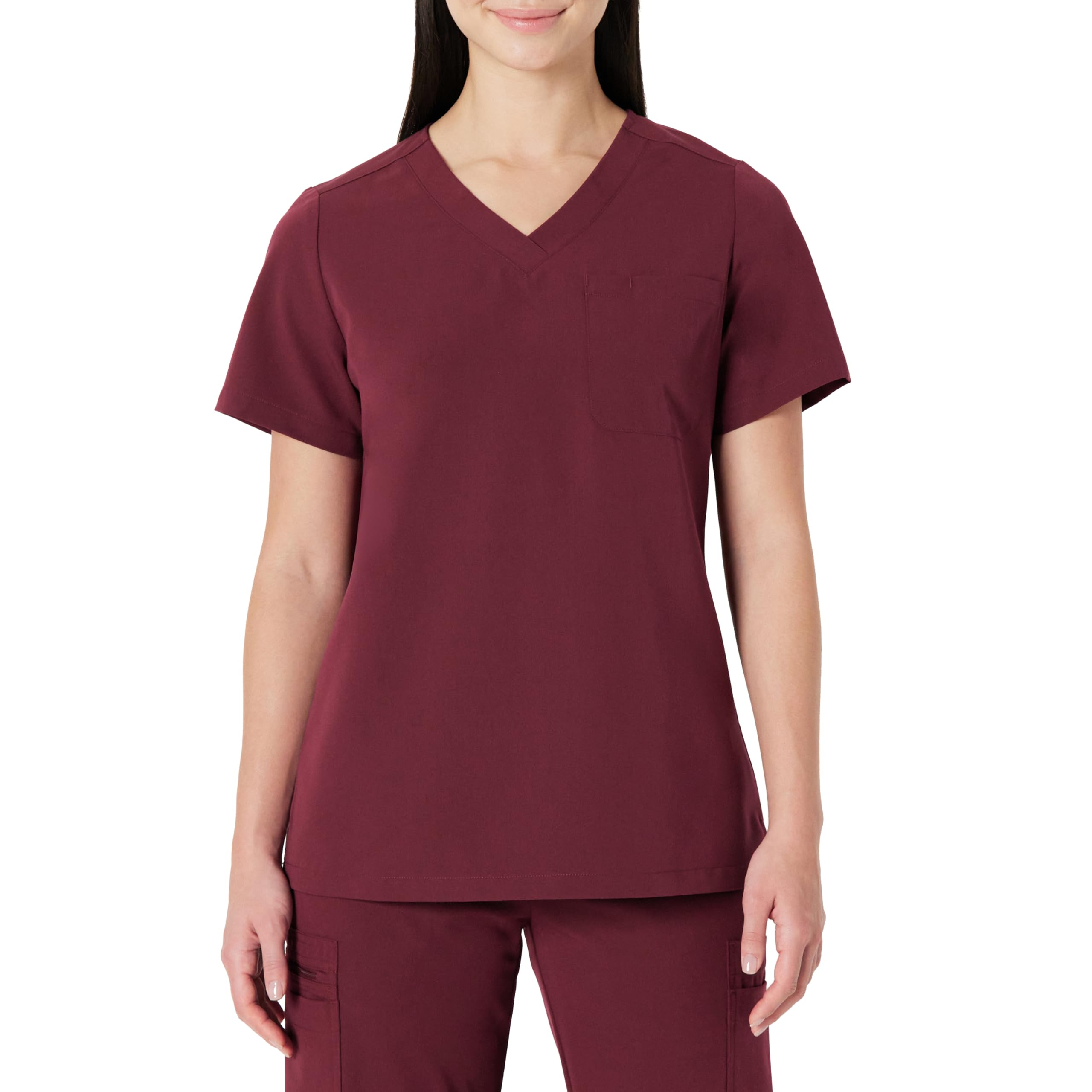 Amazon Basics Women's Scrubs V-Neck Top with Pockets, Burgundy, L