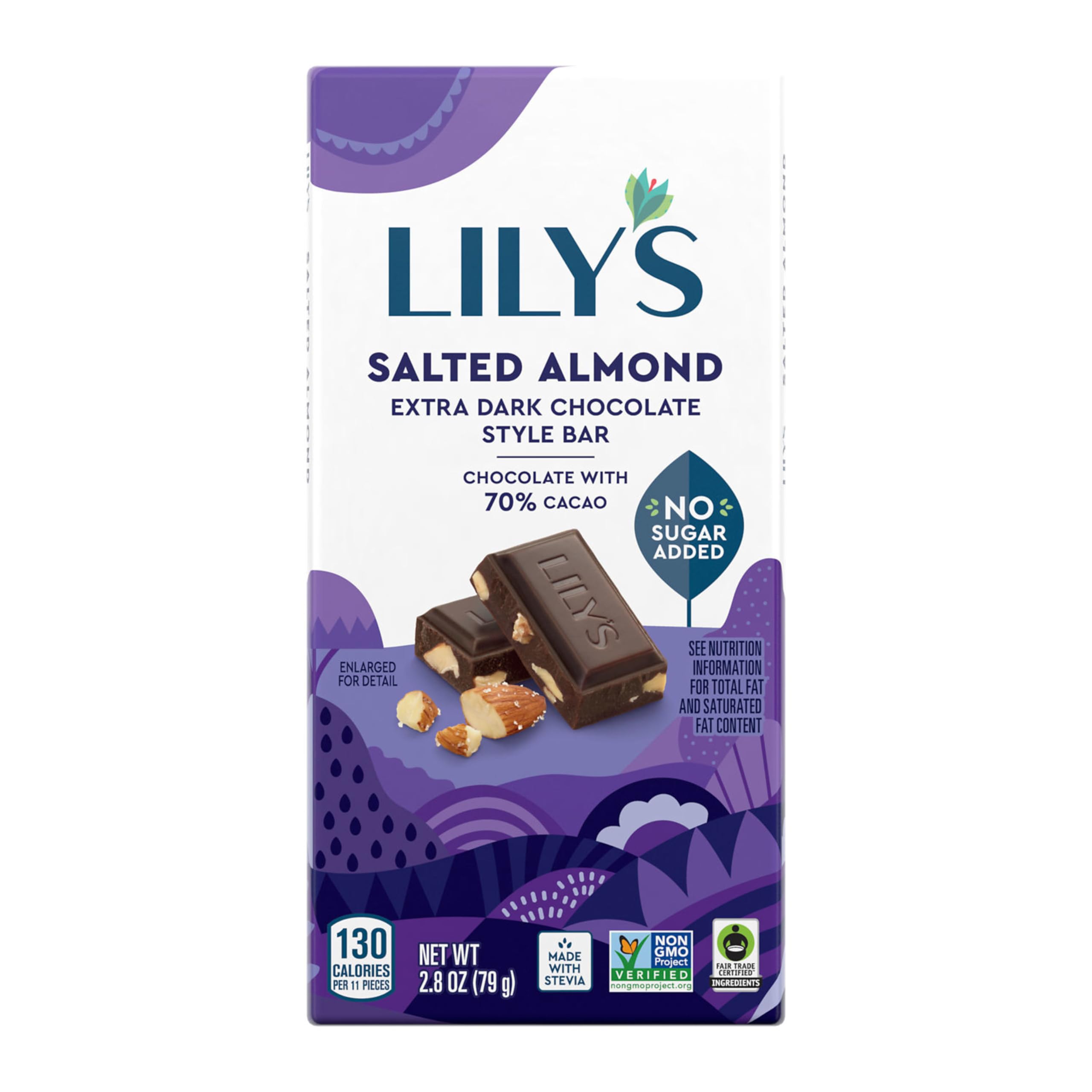 Salted Almond Dark Chocolate Bar by Lily's | Made with Stevia, No Added Sugar, Low-Carb, Keto Friendly | 70% Cocoa | Fair Trade, Gluten-Free & Non-GMO | 2.8 ounce, 4-Pack