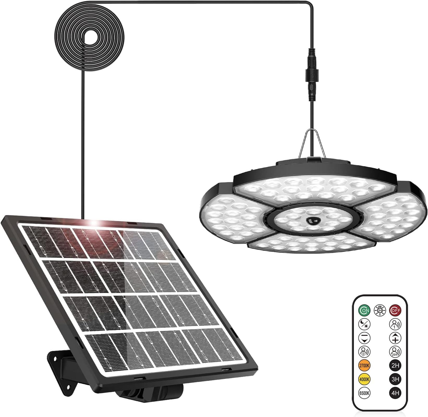 LINKE Lampada a sospensione solare con sensore di movimento, 152 LED luce solare telecomando, 6 modalità di illuminazione, lampada di sicurezza con 5 pannelli LED regolabile per capanno da giardino,