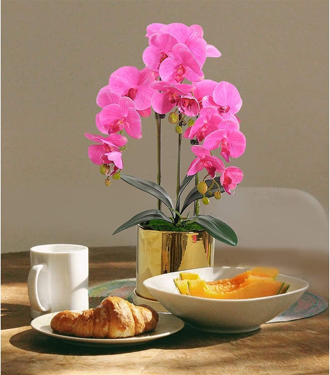 DFGHNBVC Artificial Orchid Orchid Artificial Flowers 56 Cm Artificial Flower Polyurethane With Vase Potted Faux Decor Artificial Phalaenopsis Flowers Very Natural.Pink-56Cm