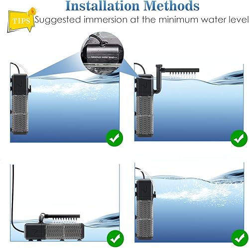 Miniatura 6 de AQQA Filtro de acuario, filtro sumergible para tanque de peces con sistema aireador de agua de lluvia, diseño de flujo de agua ajustable, filtración